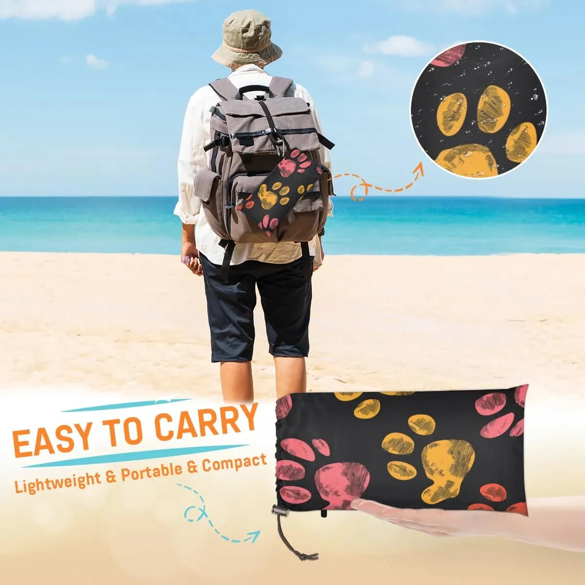 Paw Print Beach Blanket, Sandproof Beach Mat, Adults Waterproof Quick Drying Sand Free Mat with 4 x Ground Spikes for Outdoor Travel Camping Hiking, Dog Paws