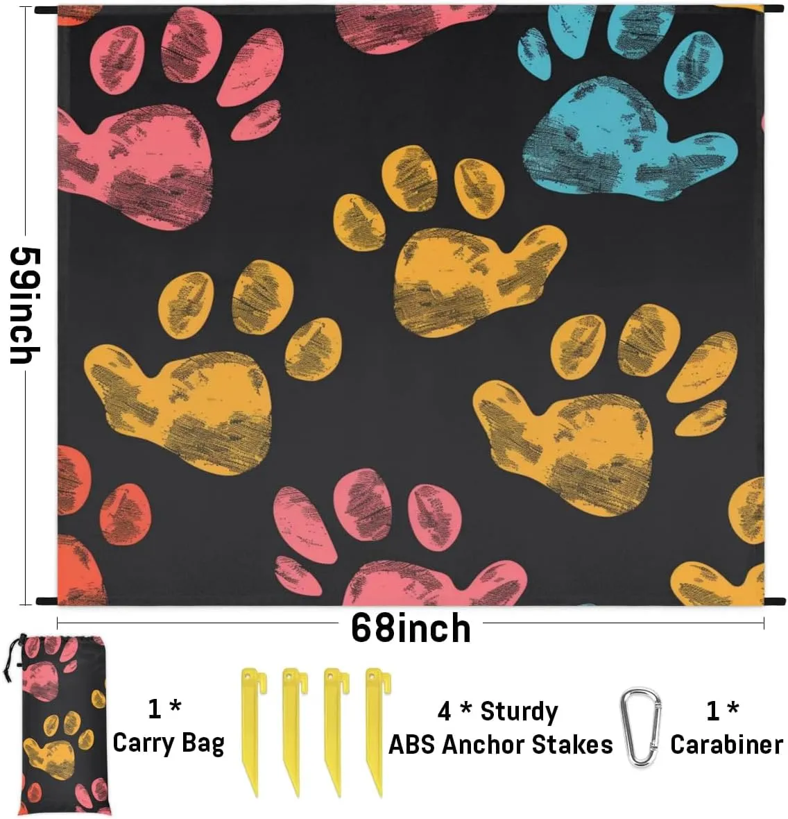 Paw Print Beach Blanket, Sandproof Beach Mat, Adults Waterproof Quick Drying Sand Free Mat with 4 x Ground Spikes for Outdoor Travel Camping Hiking, Dog Paws