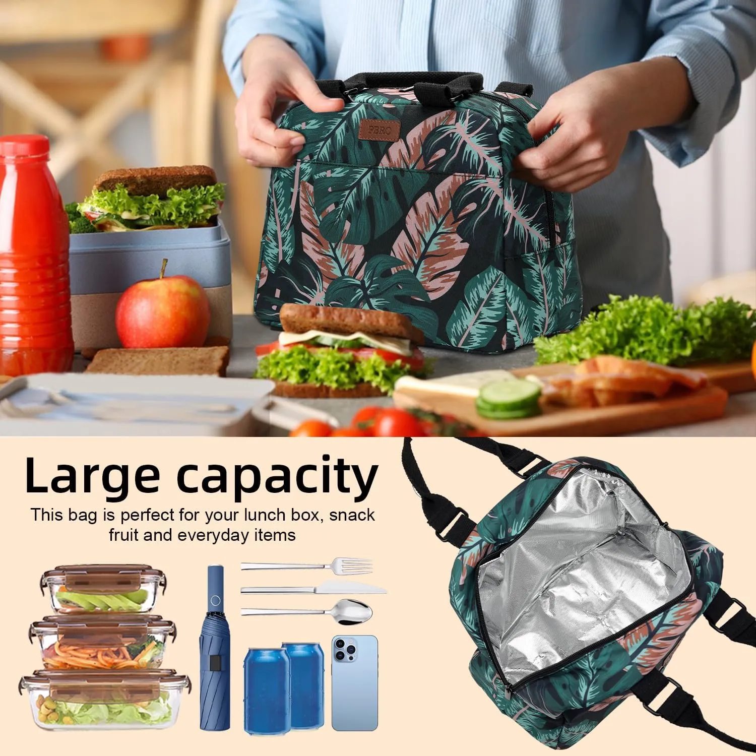 PBRO Insulated Lunch Bag for Women/Men,Large Reusable Lunch Tote with Adjustable Shoulder Belt,Cute Tropic Leaves Portable Lunch Box Cooler Bag,Perfect for Travel Picnic,Office,Working -Dark Green