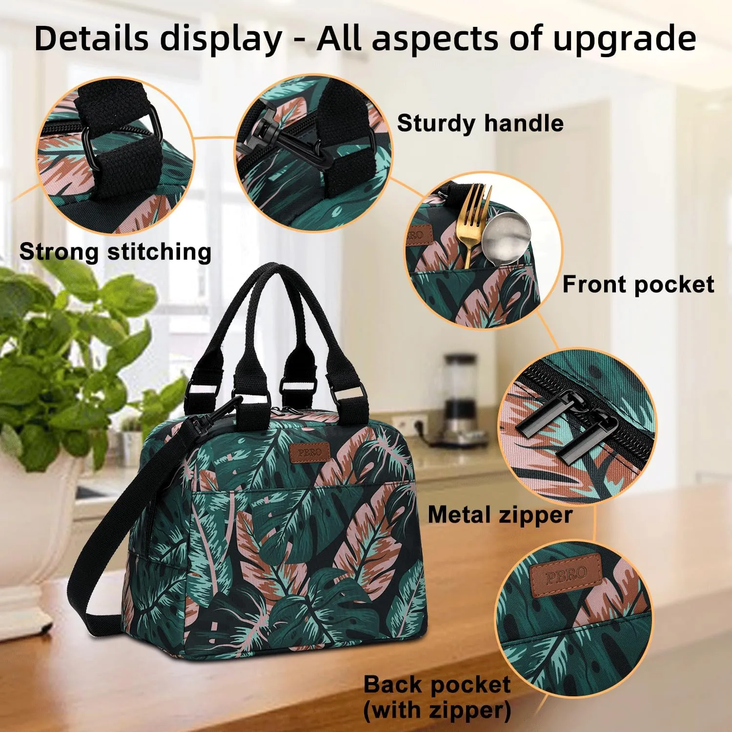 PBRO Insulated Lunch Bag for Women/Men,Large Reusable Lunch Tote with Adjustable Shoulder Belt,Cute Tropic Leaves Portable Lunch Box Cooler Bag,Perfect for Travel Picnic,Office,Working -Dark Green
