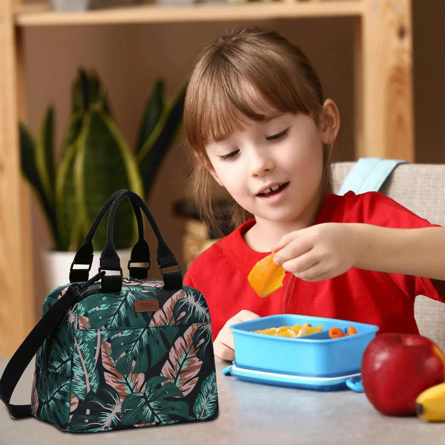 PBRO Insulated Lunch Bag for Women/Men,Large Reusable Lunch Tote with Adjustable Shoulder Belt,Cute Tropic Leaves Portable Lunch Box Cooler Bag,Perfect for Travel Picnic,Office,Working -Dark Green