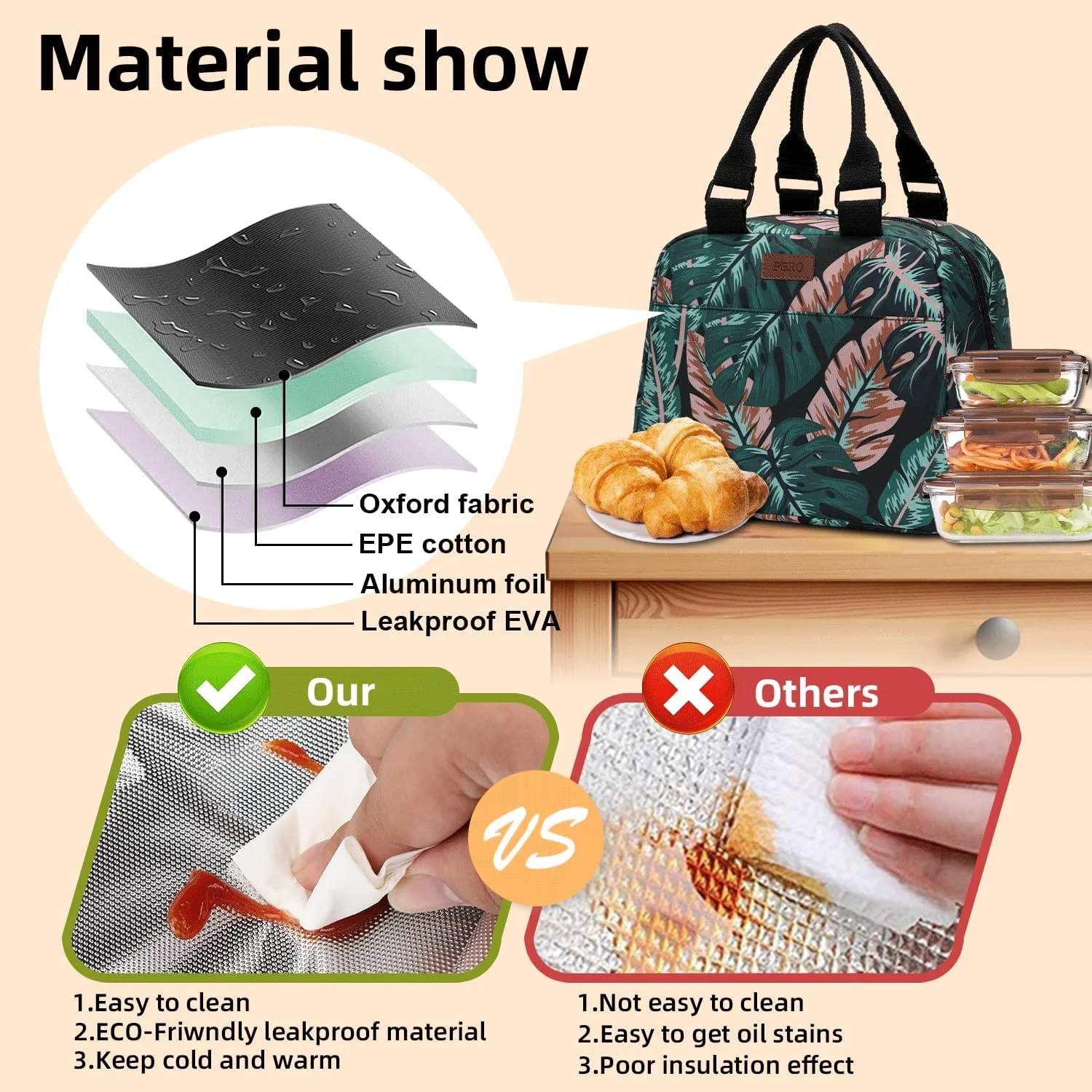 PBRO Insulated Lunch Bag for Women/Men,Large Reusable Lunch Tote with Adjustable Shoulder Belt,Cute Tropic Leaves Portable Lunch Box Cooler Bag,Perfect for Travel Picnic,Office,Working -Dark Green