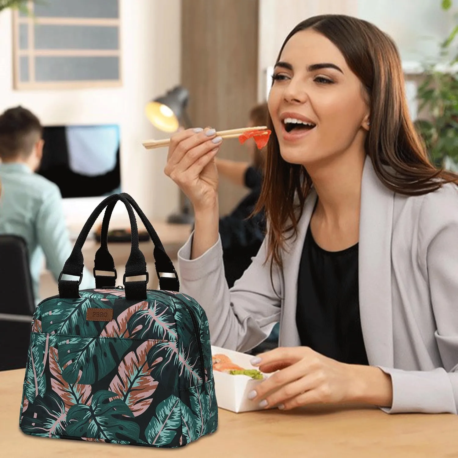 PBRO Insulated Lunch Bag for Women/Men,Large Reusable Lunch Tote with Adjustable Shoulder Belt,Cute Tropic Leaves Portable Lunch Box Cooler Bag,Perfect for Travel Picnic,Office,Working -Dark Green