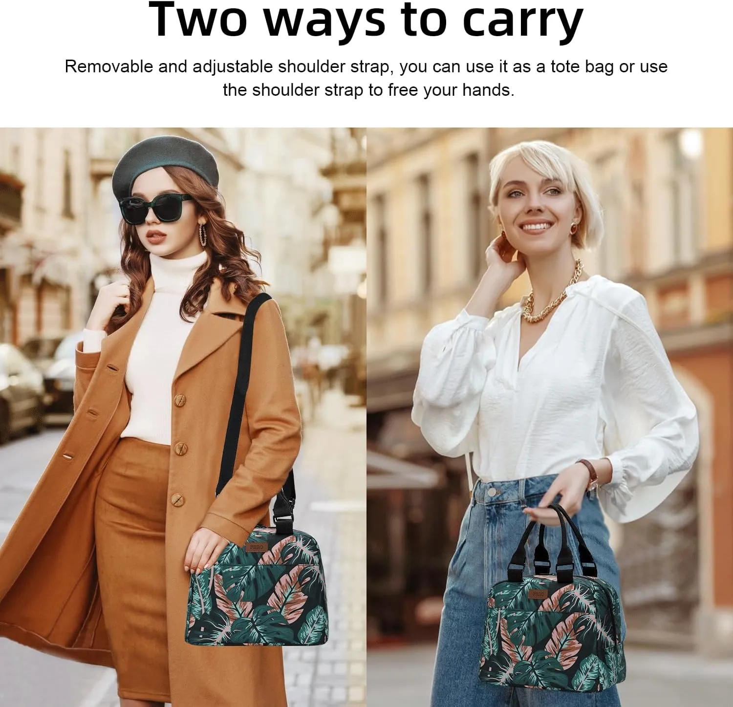 PBRO Insulated Lunch Bag for Women/Men,Large Reusable Lunch Tote with Adjustable Shoulder Belt,Cute Tropic Leaves Portable Lunch Box Cooler Bag,Perfect for Travel Picnic,Office,Working -Dark Green