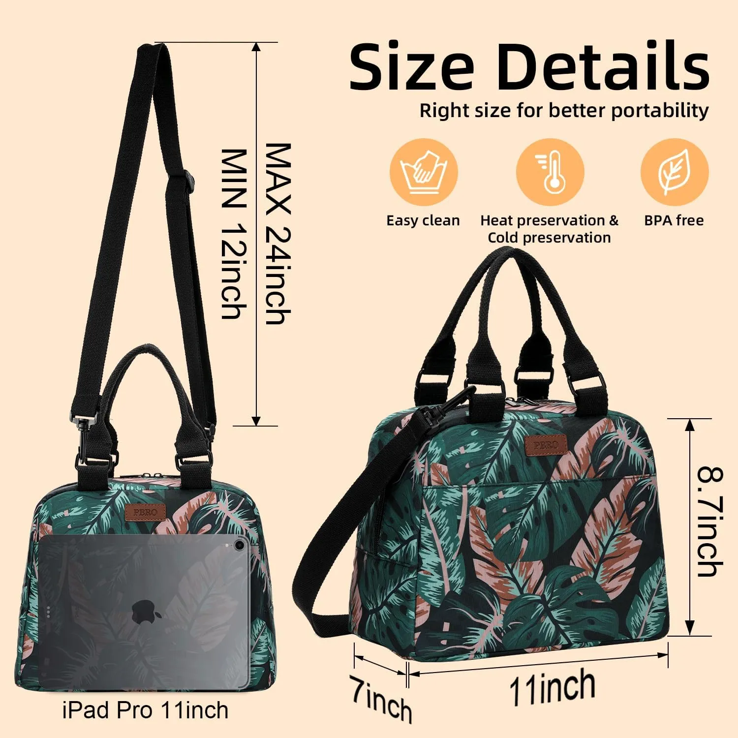 PBRO Insulated Lunch Bag for Women/Men,Large Reusable Lunch Tote with Adjustable Shoulder Belt,Cute Tropic Leaves Portable Lunch Box Cooler Bag,Perfect for Travel Picnic,Office,Working -Dark Green