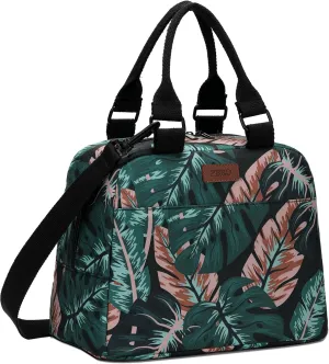 PBRO Insulated Lunch Bag for Women/Men,Large Reusable Lunch Tote with Adjustable Shoulder Belt,Cute Tropic Leaves Portable Lunch Box Cooler Bag,Perfect for Travel Picnic,Office,Working -Dark Green