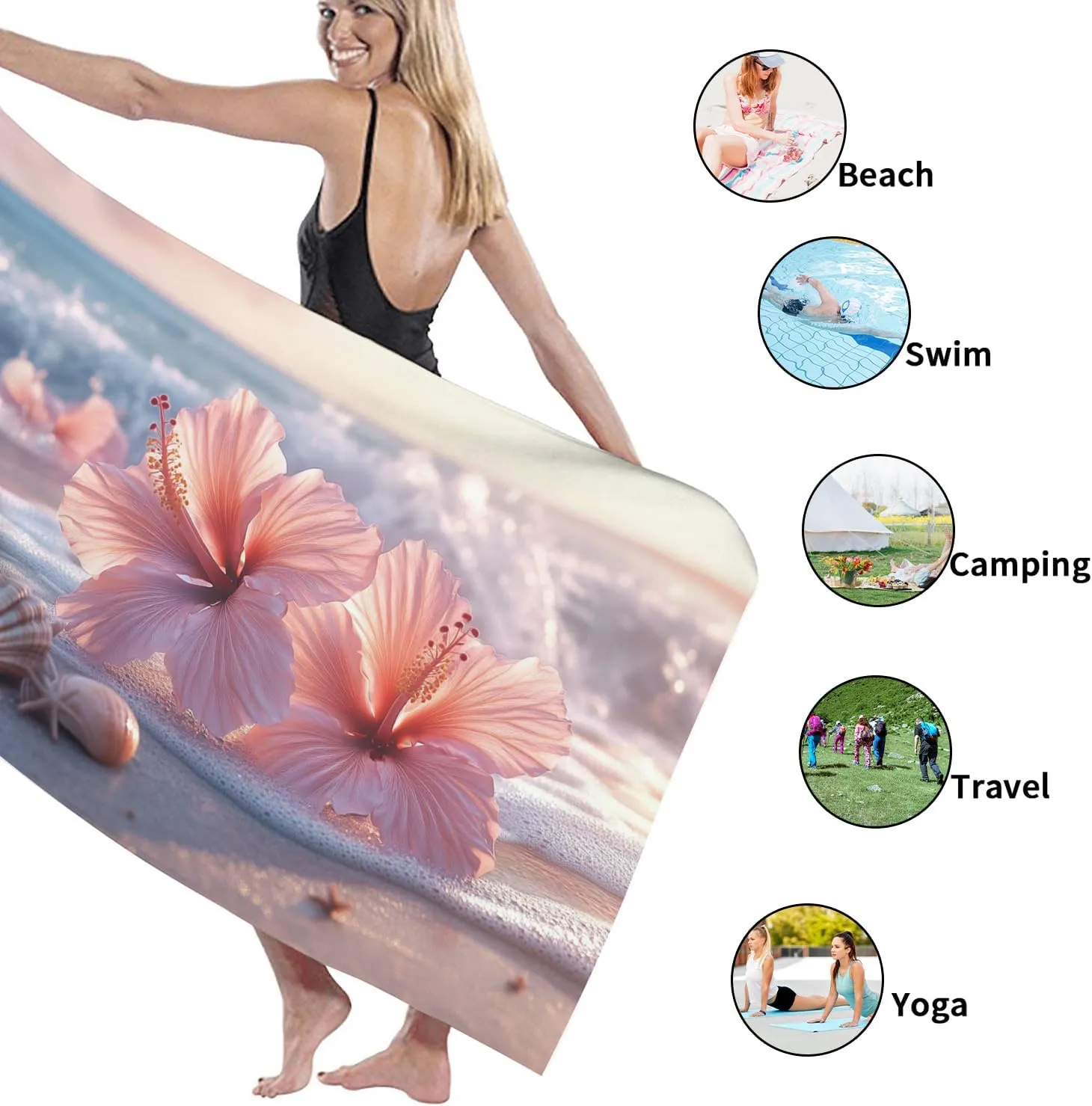 Peach Floral Microfiber Beach Towel Extra Large Hibiscus Design Quick Dry Absorbent Sand Free Oversize Lightweight Beach Blanket, Vacation Pool Gym Picnic Essentials 70x35 Inch