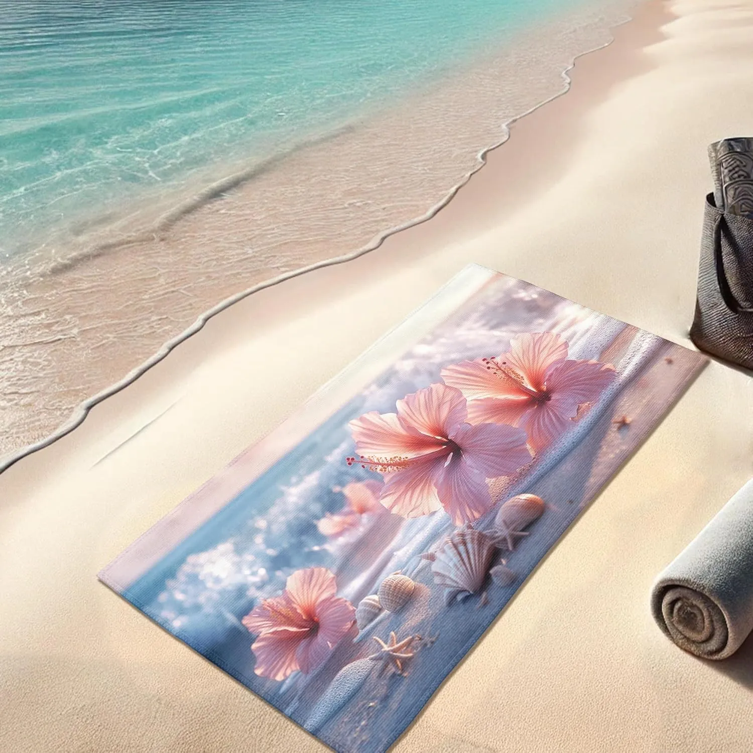 Peach Floral Microfiber Beach Towel Extra Large Hibiscus Design Quick Dry Absorbent Sand Free Oversize Lightweight Beach Blanket, Vacation Pool Gym Picnic Essentials 70x35 Inch