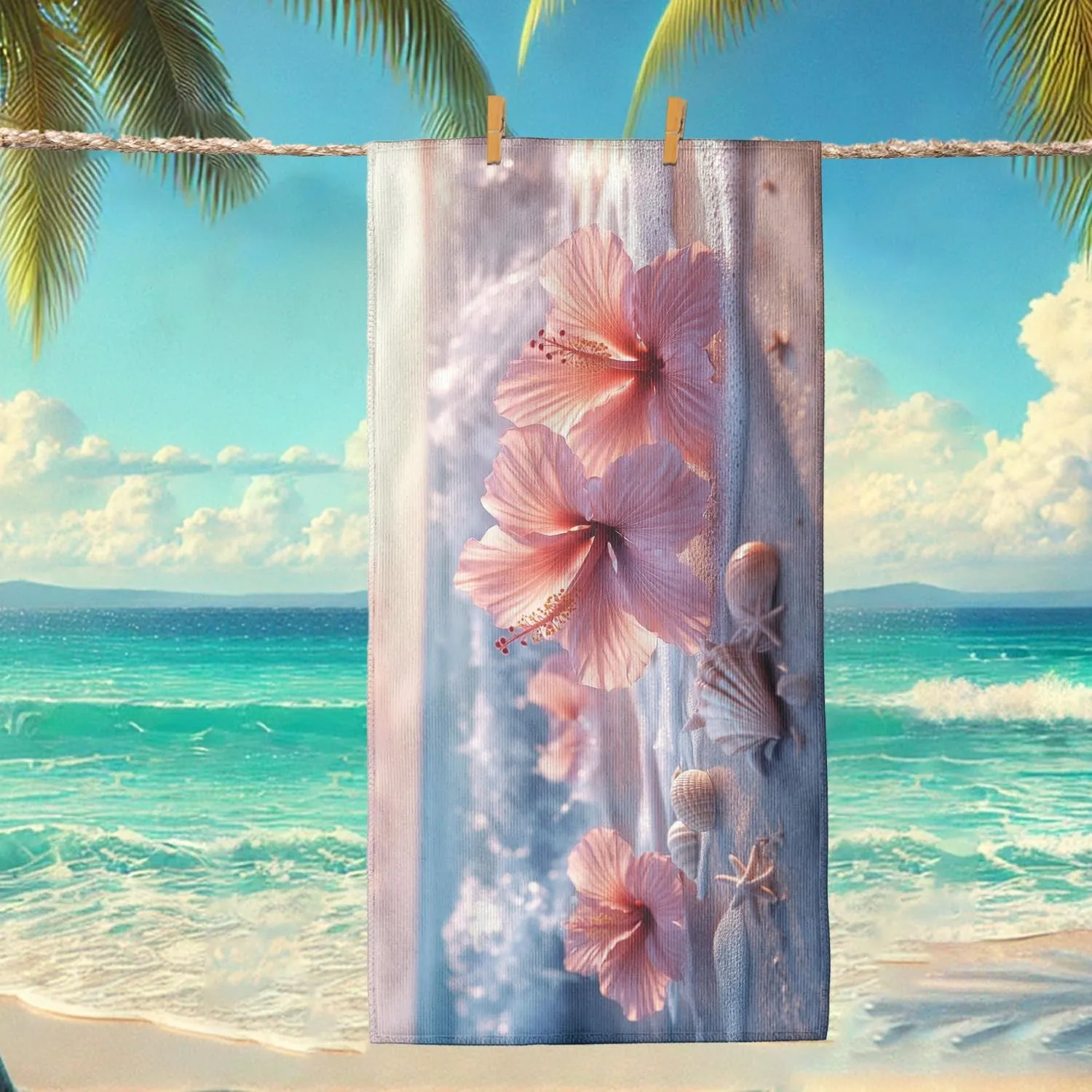 Peach Floral Microfiber Beach Towel Extra Large Hibiscus Design Quick Dry Absorbent Sand Free Oversize Lightweight Beach Blanket, Vacation Pool Gym Picnic Essentials 70x35 Inch