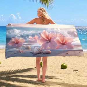 Peach Floral Microfiber Beach Towel Extra Large Hibiscus Design Quick Dry Absorbent Sand Free Oversize Lightweight Beach Blanket, Vacation Pool Gym Picnic Essentials 70x35 Inch