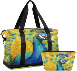Peacock Oil Painter Sports Gym Bag with Waterproof Dry Wet Pocket, Travel Duffel Bag for Women Men，Workout Bag Fits Yoga, Swimming