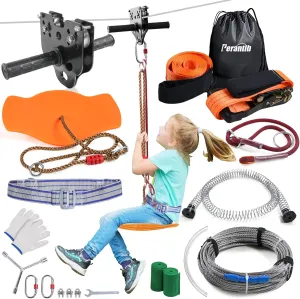 Perantlb Zipline for Backyard Kids and Adults,Zipline Kits for Backyard with 100ft Cable,6ft Zipline Spring Brake and Belt,Zip line Trolley with Handle,seat and Bag