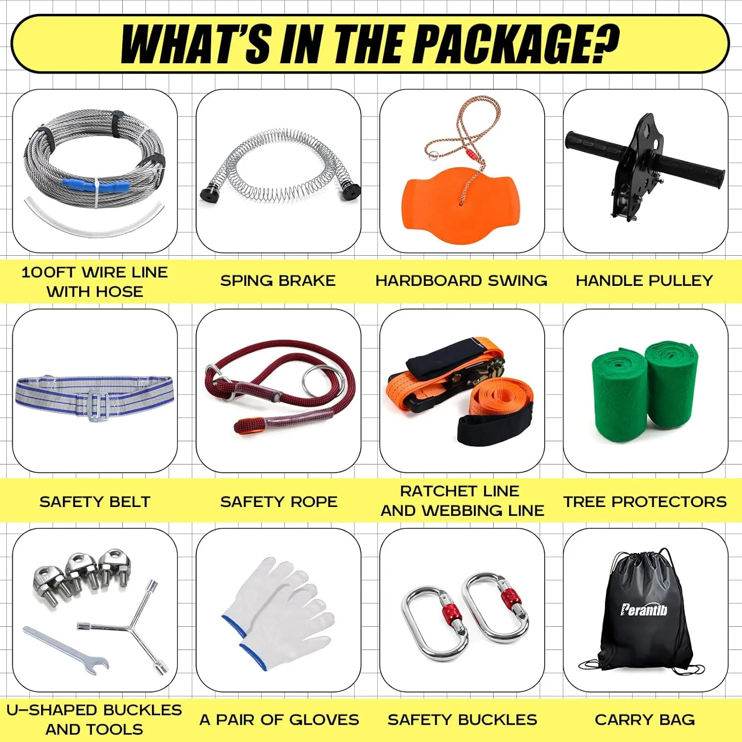 Perantlb Zipline for Backyard Kids and Adults,Zipline Kits for Backyard with 100ft Cable,6ft Zipline Spring Brake and Belt,Zip line Trolley with Handle,seat and Bag