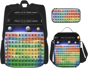 Periodic Table Of Elements Print 3 In 1 Set With Lunch Box Pencil Bag Backpack Set Computer Bag Casual For Gym Beach Travel