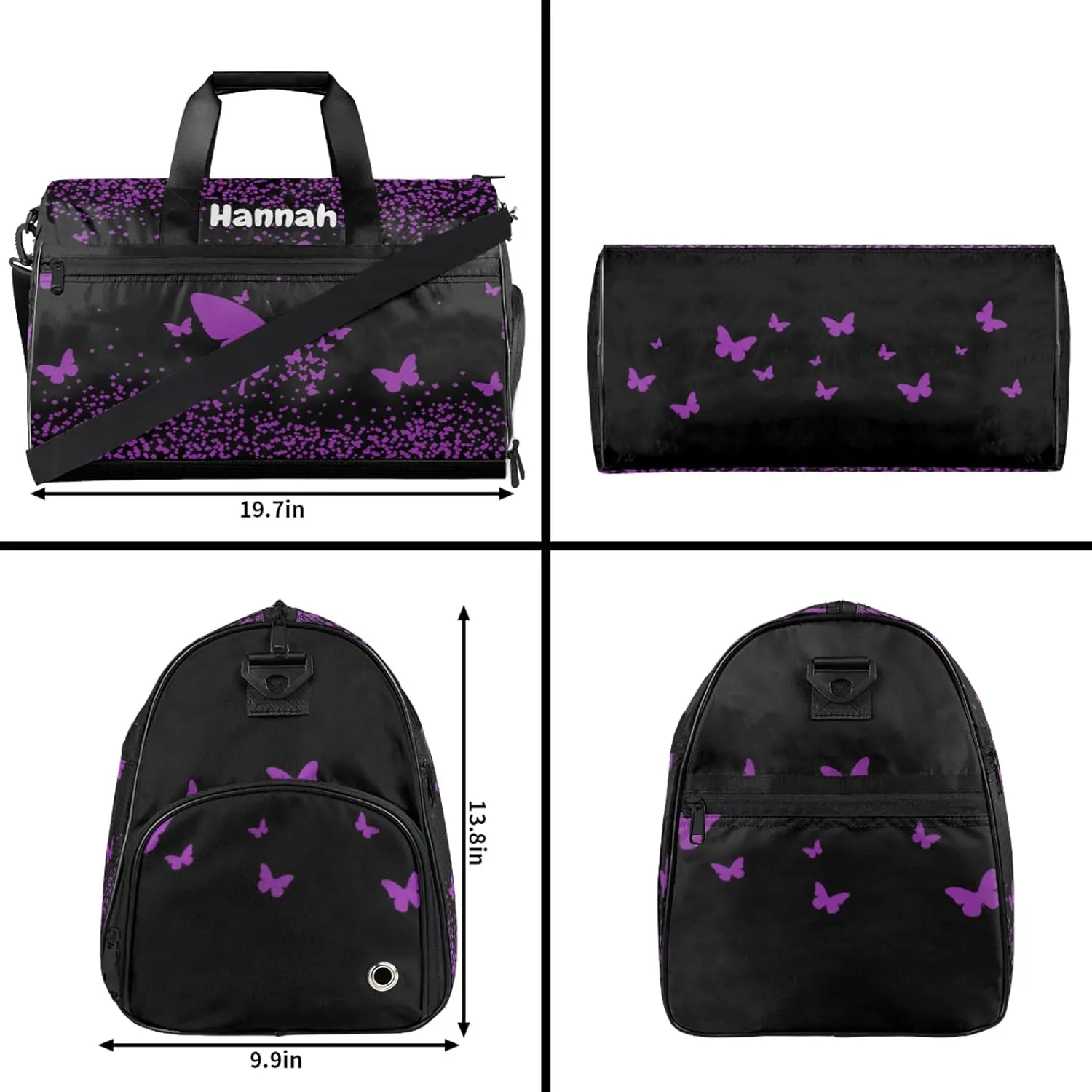 Personalized Duffel Bag with Name Butterfly Custom Travel Sports Bag with Shoes Compartment for Women Men Waterproof Dance Ballet Bag Lightweight, Dark Purple