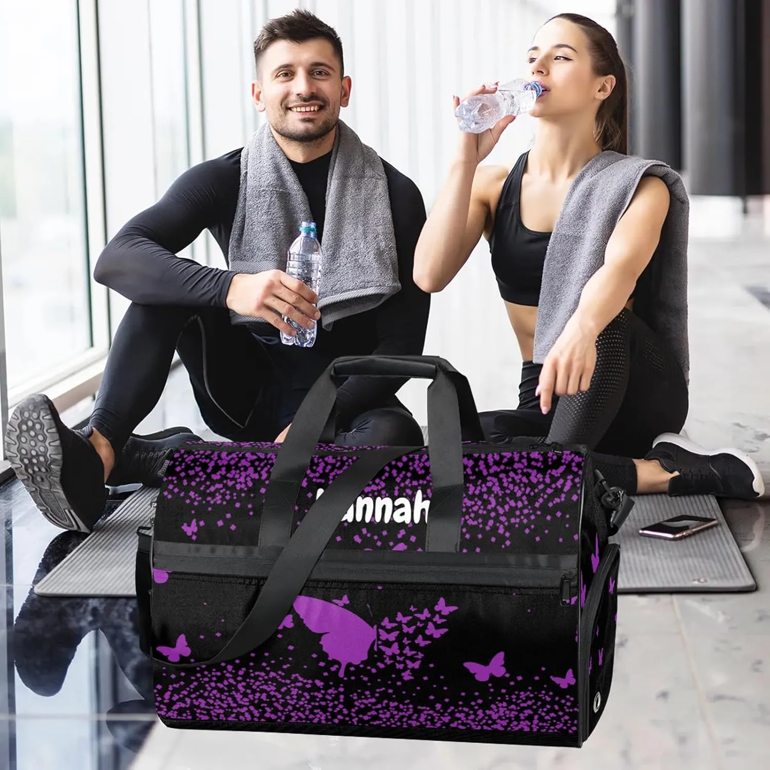 Personalized Duffel Bag with Name Butterfly Custom Travel Sports Bag with Shoes Compartment for Women Men Waterproof Dance Ballet Bag Lightweight, Dark Purple