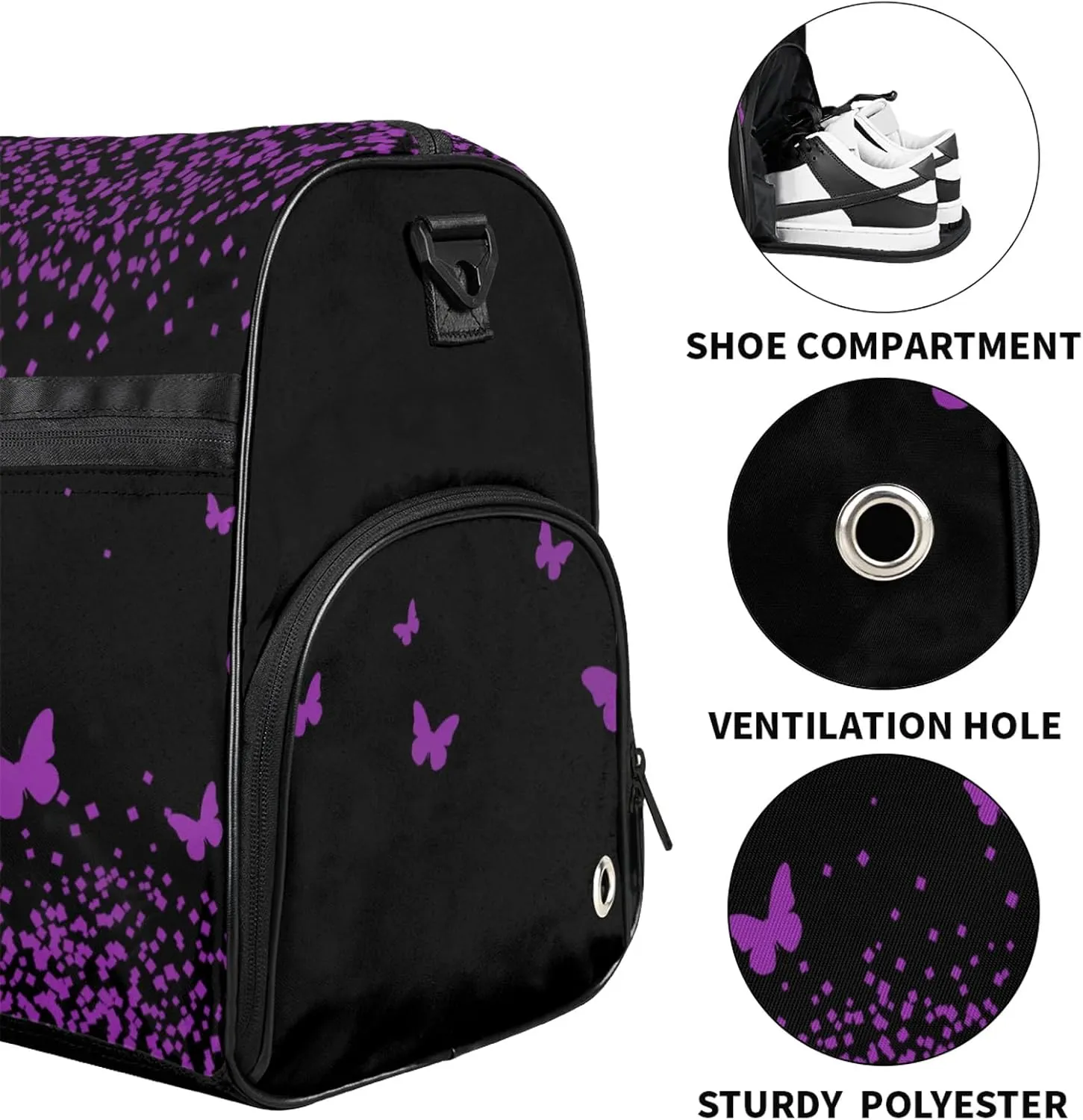 Personalized Duffel Bag with Name Butterfly Custom Travel Sports Bag with Shoes Compartment for Women Men Waterproof Dance Ballet Bag Lightweight, Dark Purple