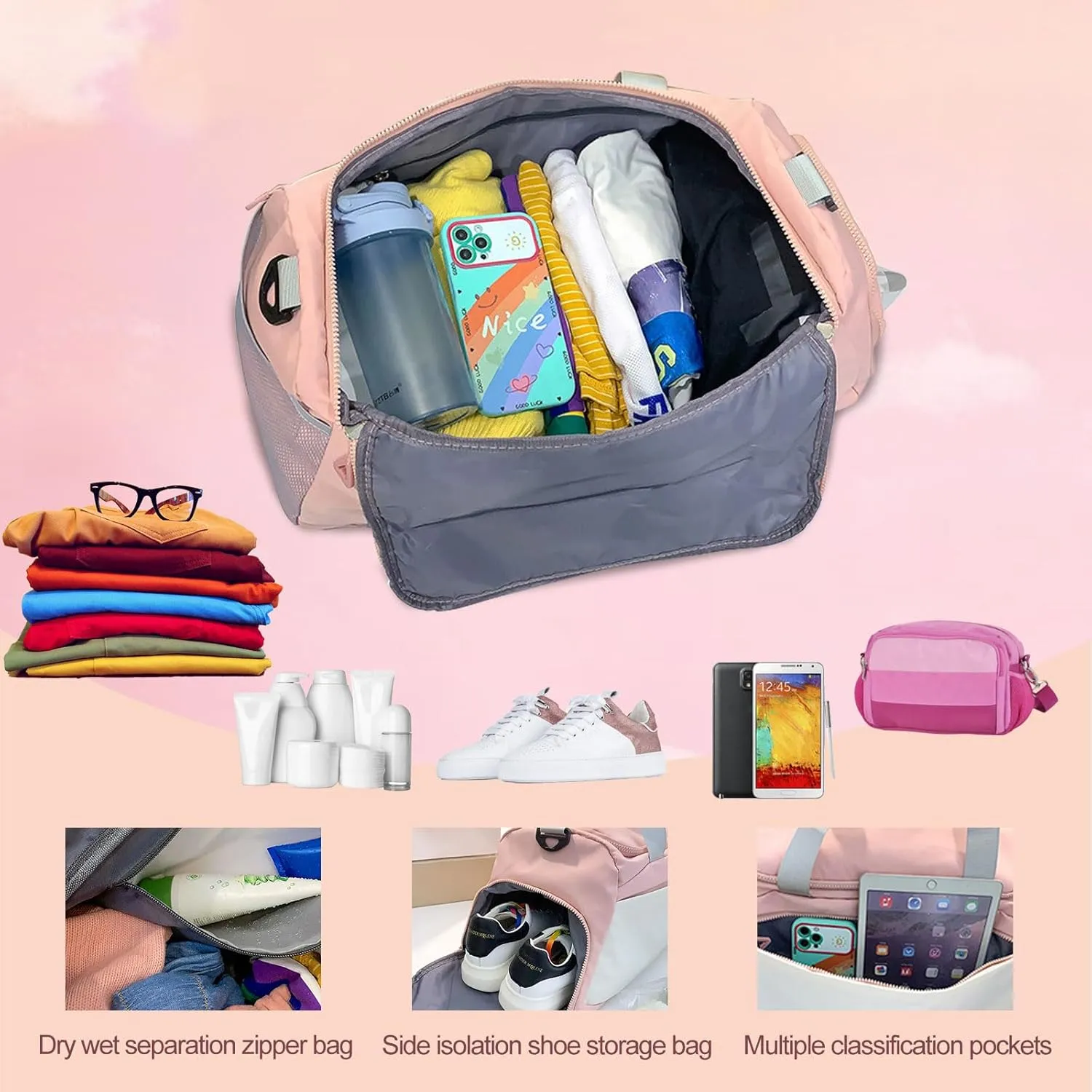 Personalized Duffle Travel Bag with Photo Name Text, Custom 3 in 1 Sport Gym Bag for Women Men, Customized Dry Wet Separated Weekend Overnight Bags