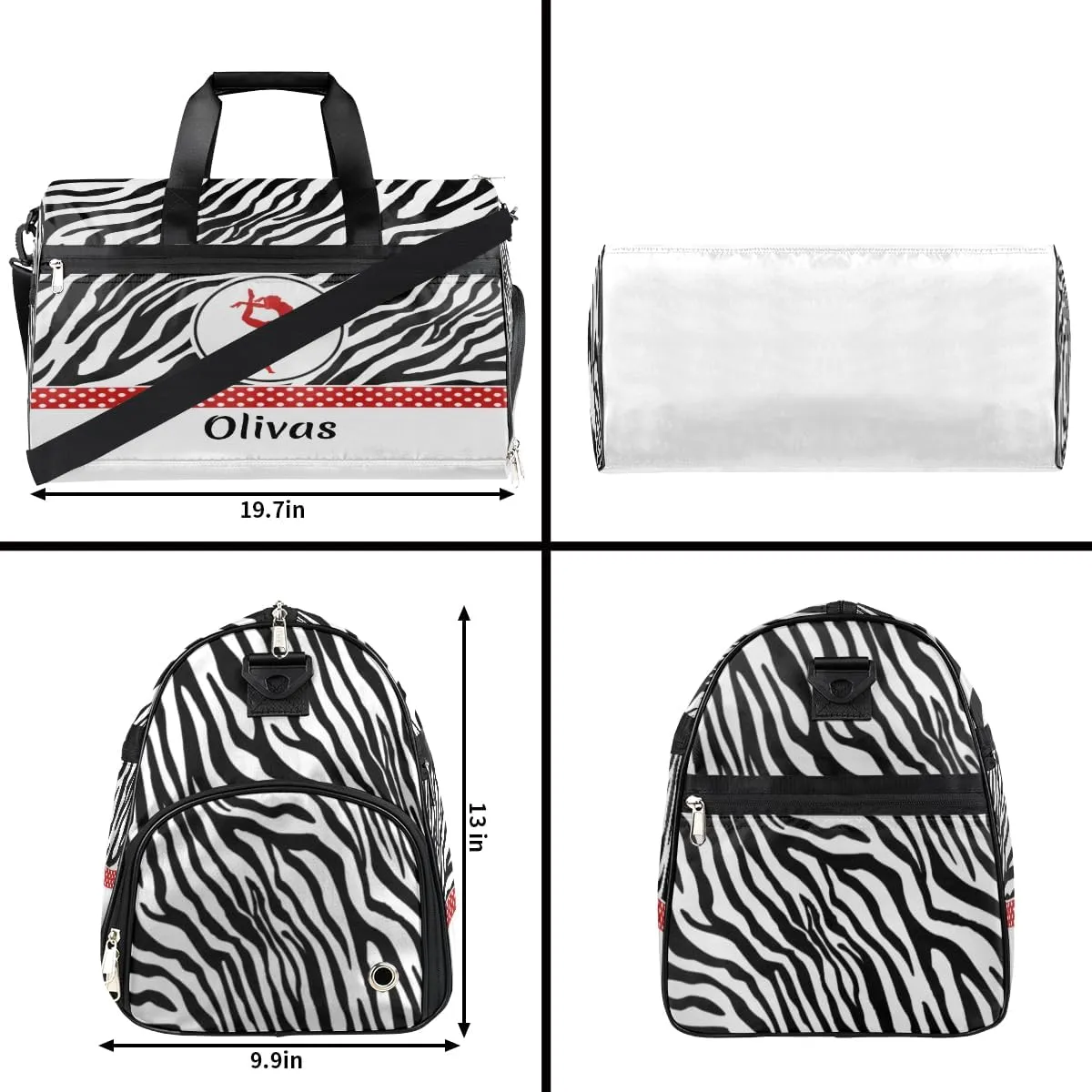 Personalized Gymnastics Bag Dance Bag for Girl Woman, Custom Gym Bag Sport Duffel Bag, Weekender Bags Travel Duffel Bag Zebra Gymnastics