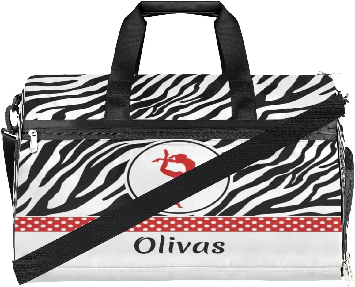 Personalized Gymnastics Bag Dance Bag for Girl Woman, Custom Gym Bag Sport Duffel Bag, Weekender Bags Travel Duffel Bag Zebra Gymnastics