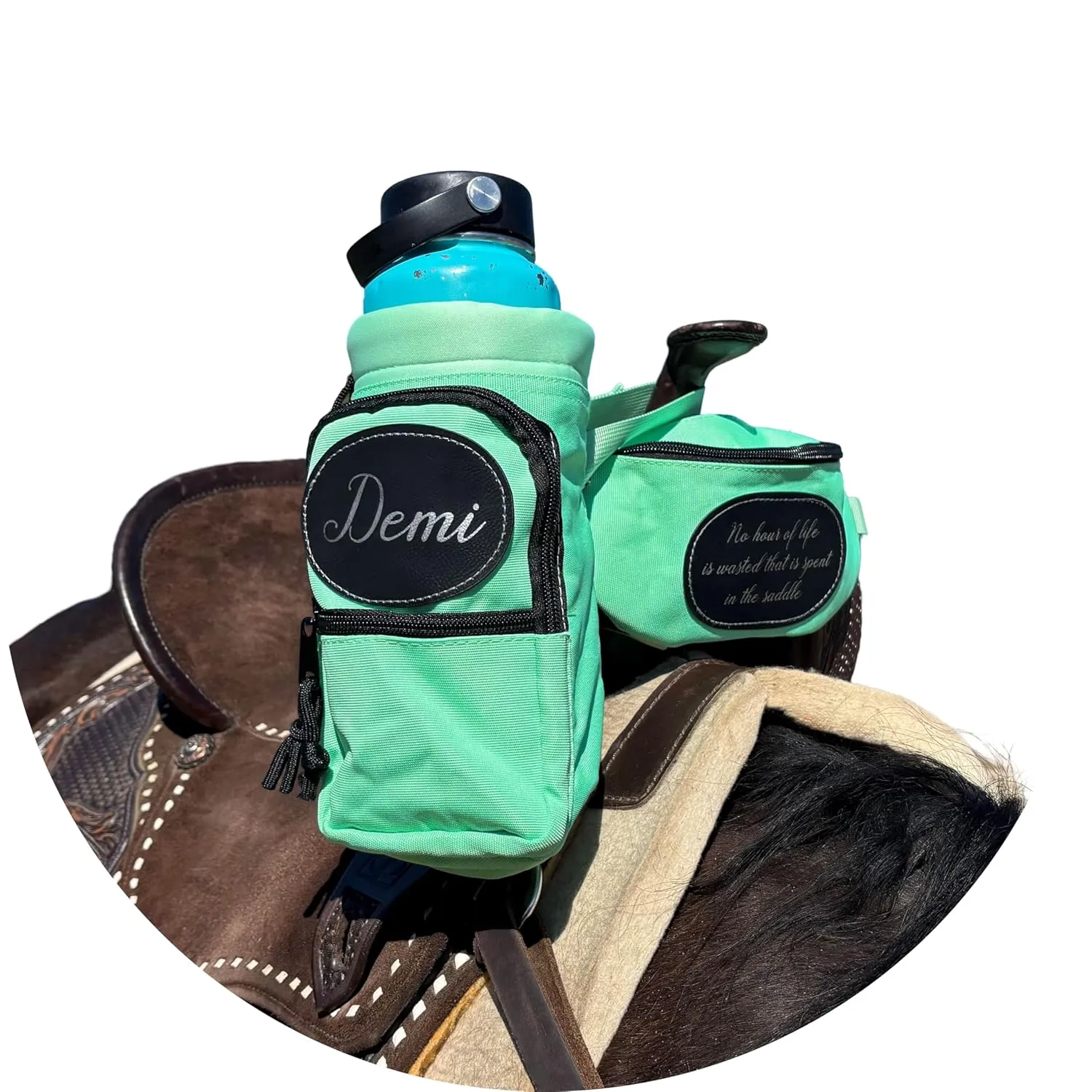Personalized Horse Saddle Green Pommel Bag & Bottle Holder Set, Horse Tack, Horse Gifts, Horse Stuff, Equestrian Gifts, Saddle Accessories