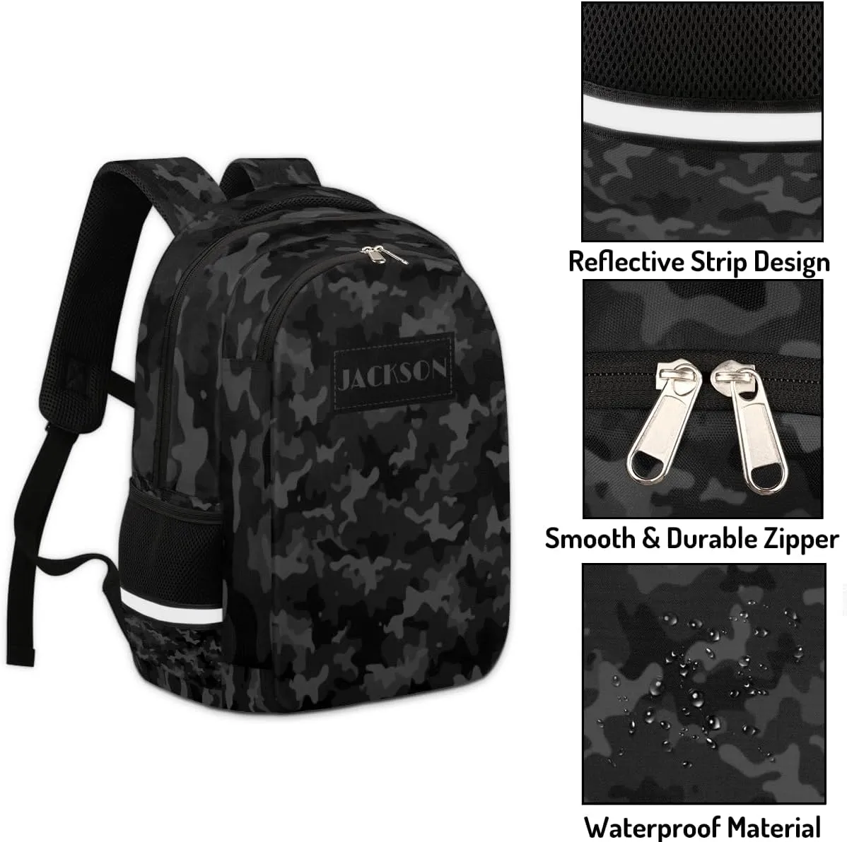 Personalized Kids Backpack Custom Backpack Schoolbag Children Bookbag for Boys & Girls Black Camo Pattern