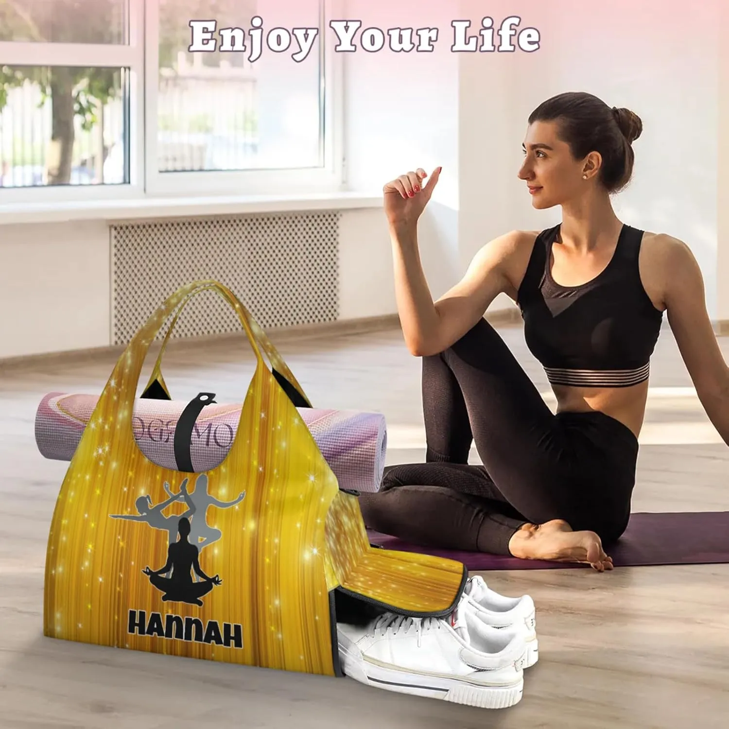 Personalized Name Yoga Mat Bag with Shoe Compartment, Customize Travel Weekender Tote Sport Gym Duffel Bag for Women