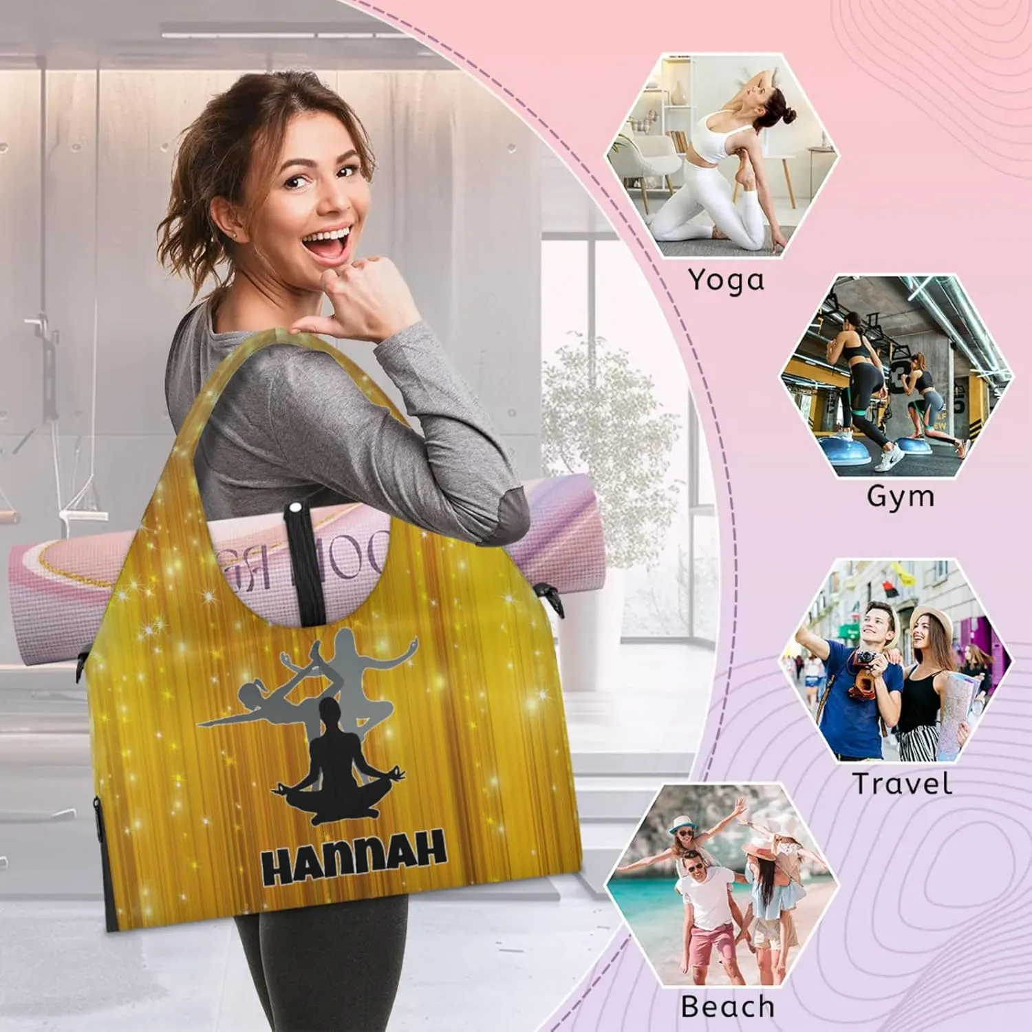 Personalized Name Yoga Mat Bag with Shoe Compartment, Customize Travel Weekender Tote Sport Gym Duffel Bag for Women