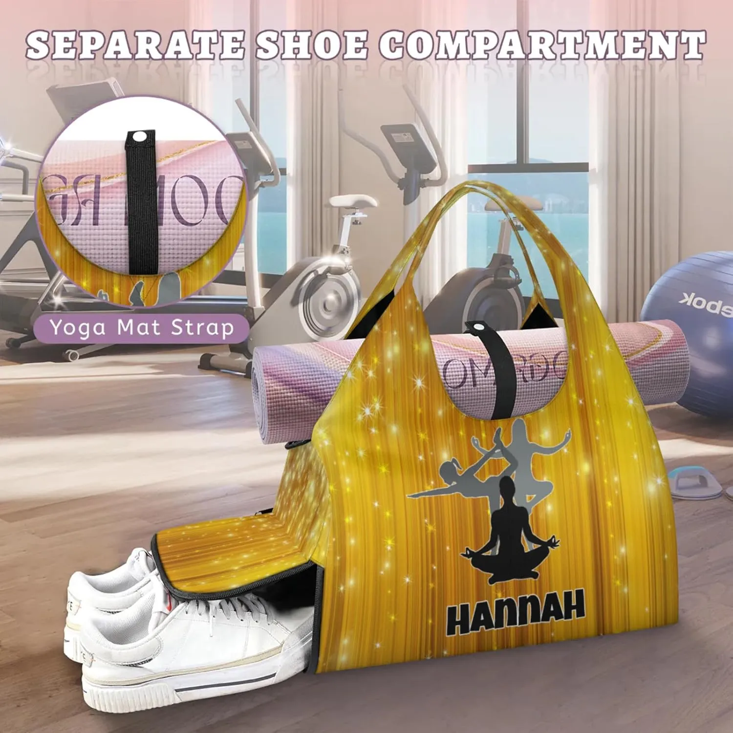Personalized Name Yoga Mat Bag with Shoe Compartment, Customize Travel Weekender Tote Sport Gym Duffel Bag for Women