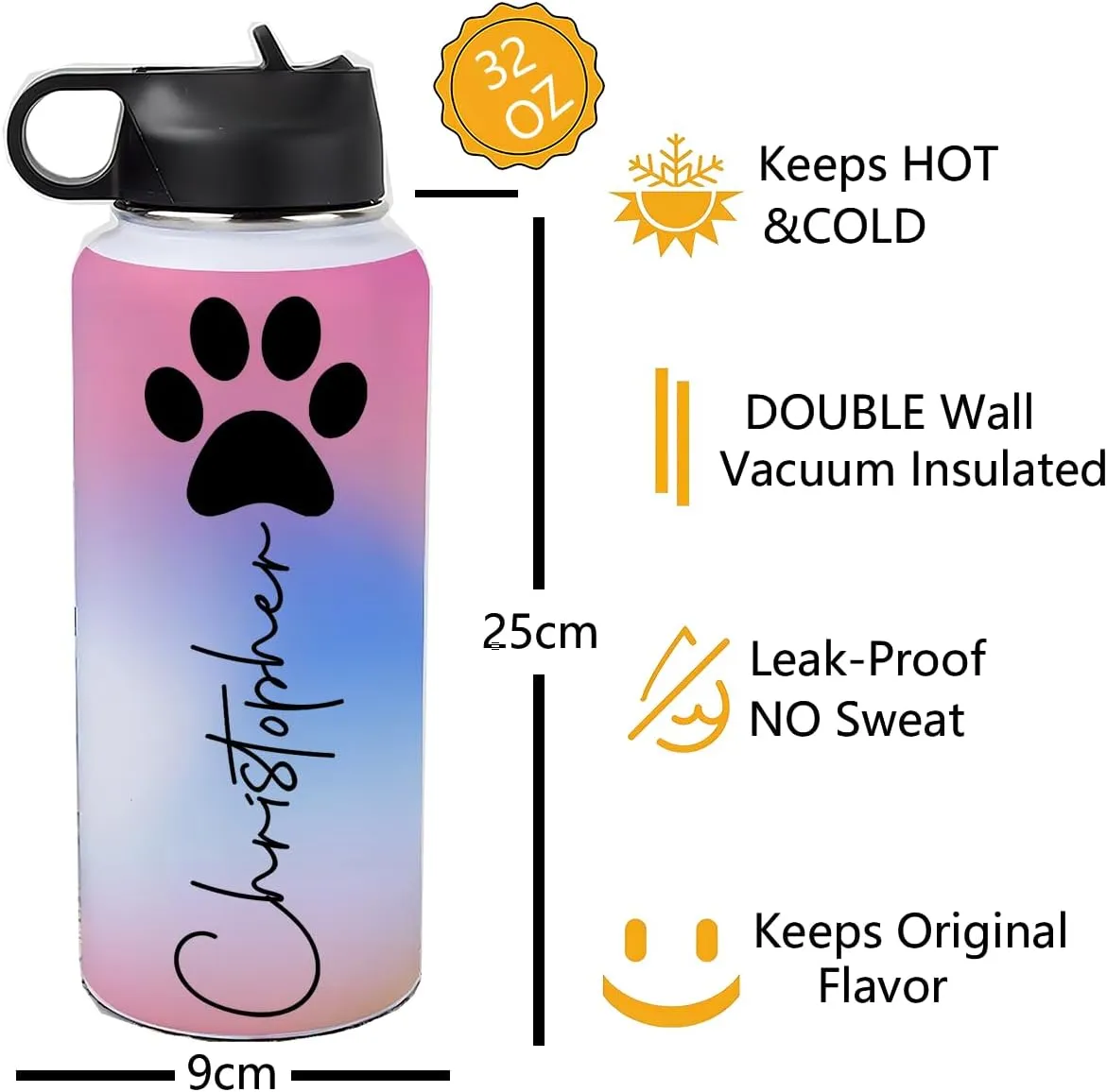 Personalized Water Bottles 32oz with Flip-Top Lid and Straw Customized Vacuum Insulated Flask Stainless Steel Sports Double Wall Water Bottle with Straw for Workouts Yoga Gym Office Work Women Men