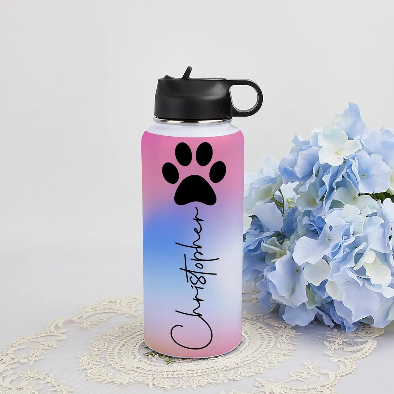 Personalized Water Bottles 32oz with Flip-Top Lid and Straw Customized Vacuum Insulated Flask Stainless Steel Sports Double Wall Water Bottle with Straw for Workouts Yoga Gym Office Work Women Men