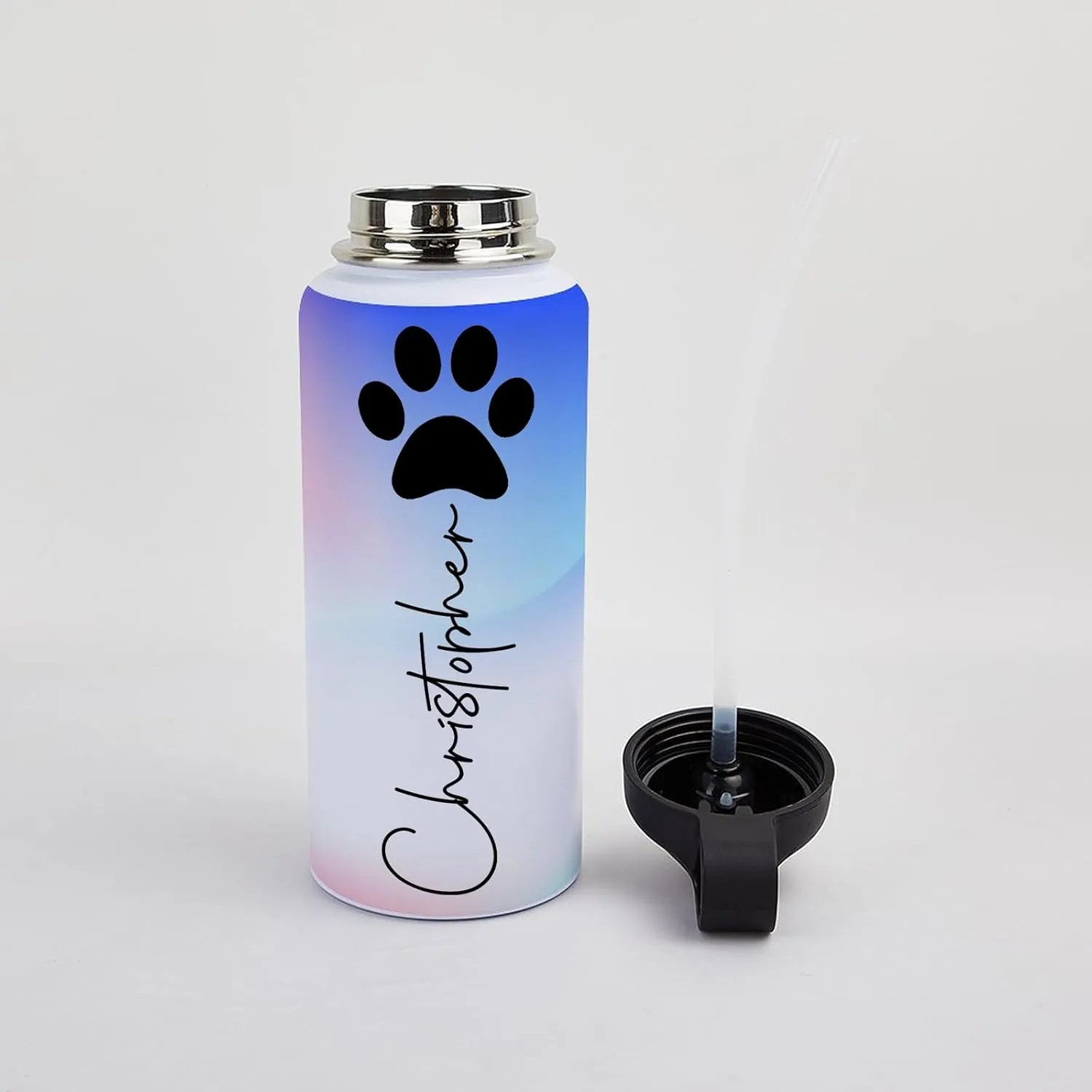 Personalized Water Bottles 32oz with Flip-Top Lid and Straw Customized Vacuum Insulated Flask Stainless Steel Sports Double Wall Water Bottle with Straw for Workouts Yoga Gym Office Work Women Men