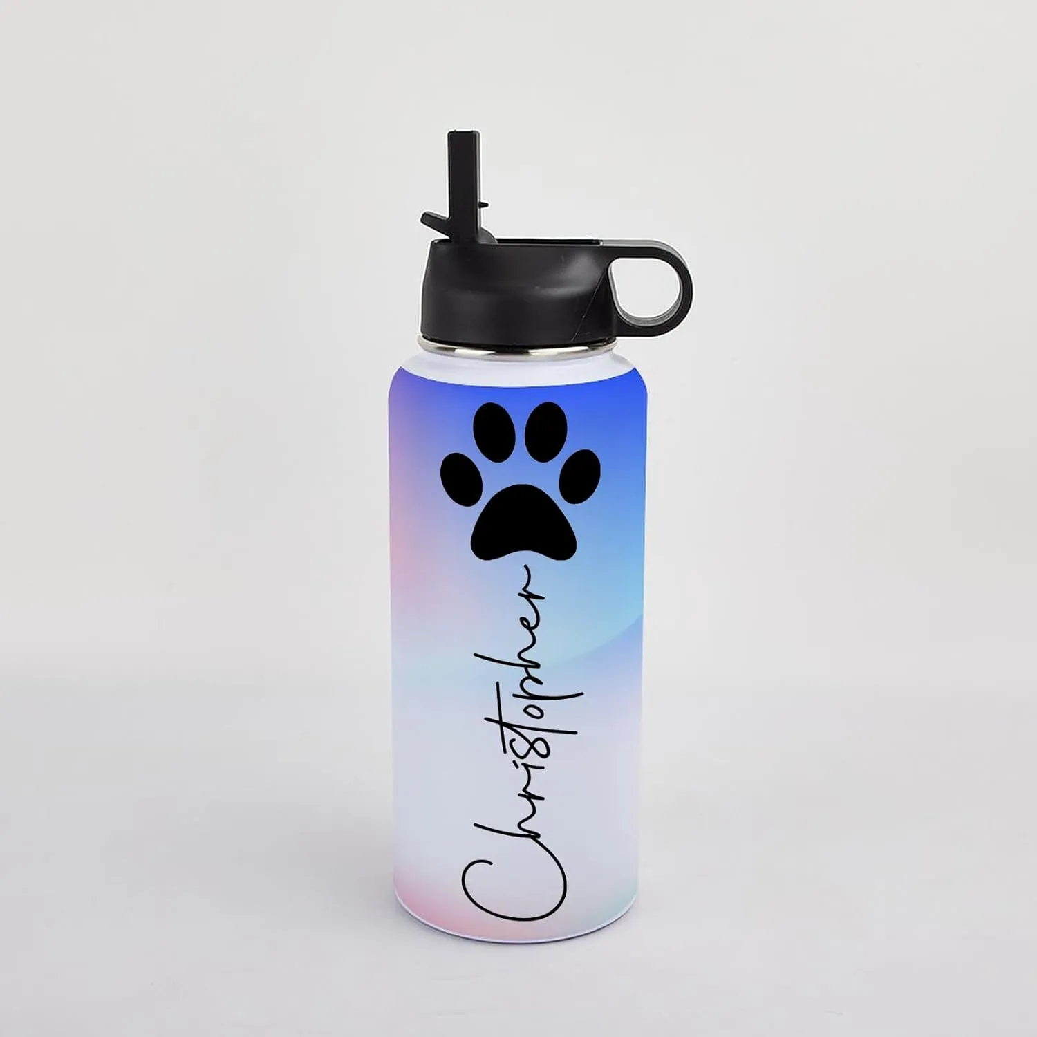 Personalized Water Bottles 32oz with Flip-Top Lid and Straw Customized Vacuum Insulated Flask Stainless Steel Sports Double Wall Water Bottle with Straw for Workouts Yoga Gym Office Work Women Men