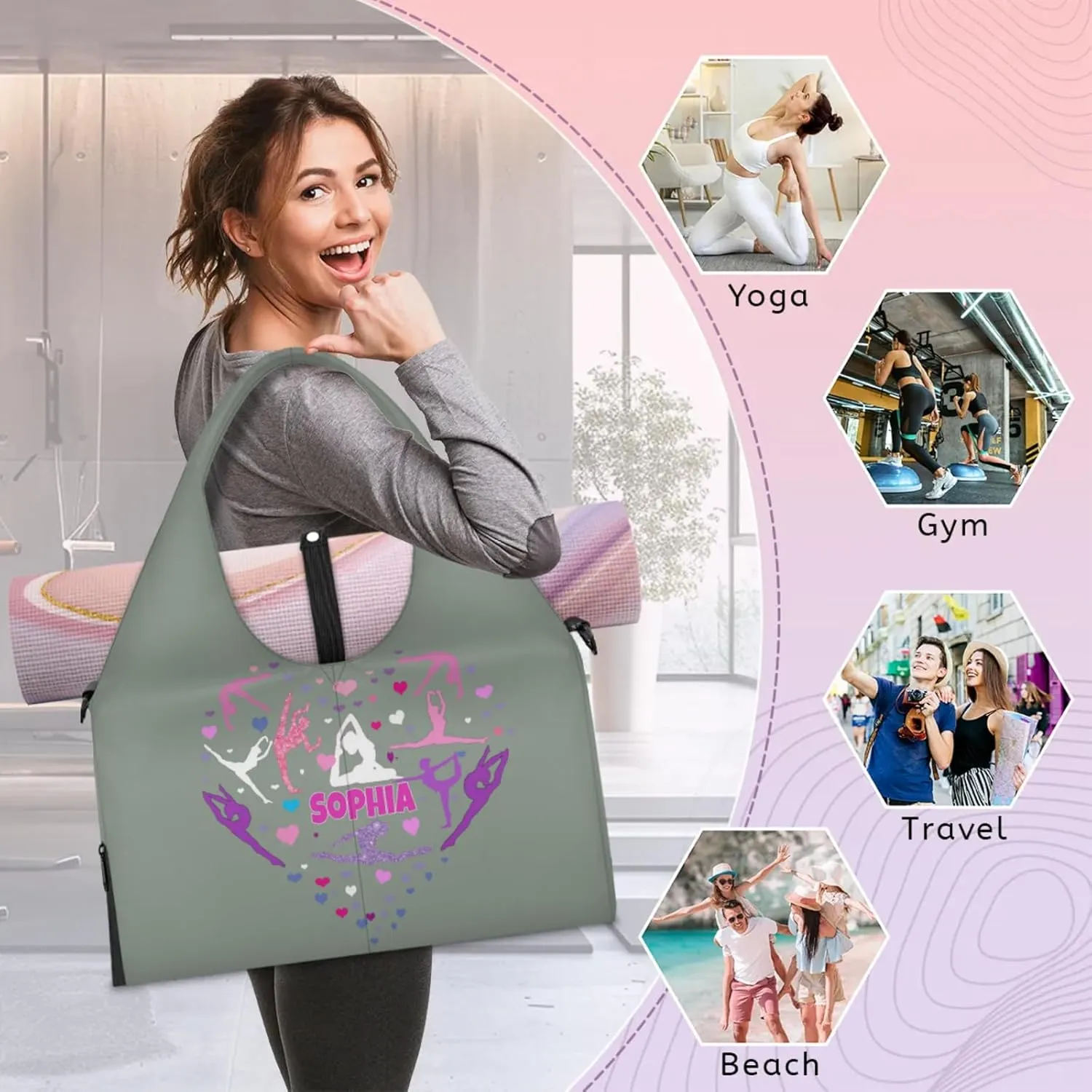 Personalized Yoga Mat Bag with Name Shoe Compartment, Love Heart Yoga Silhouette Travel Tote Sport Gym Duffel Bag