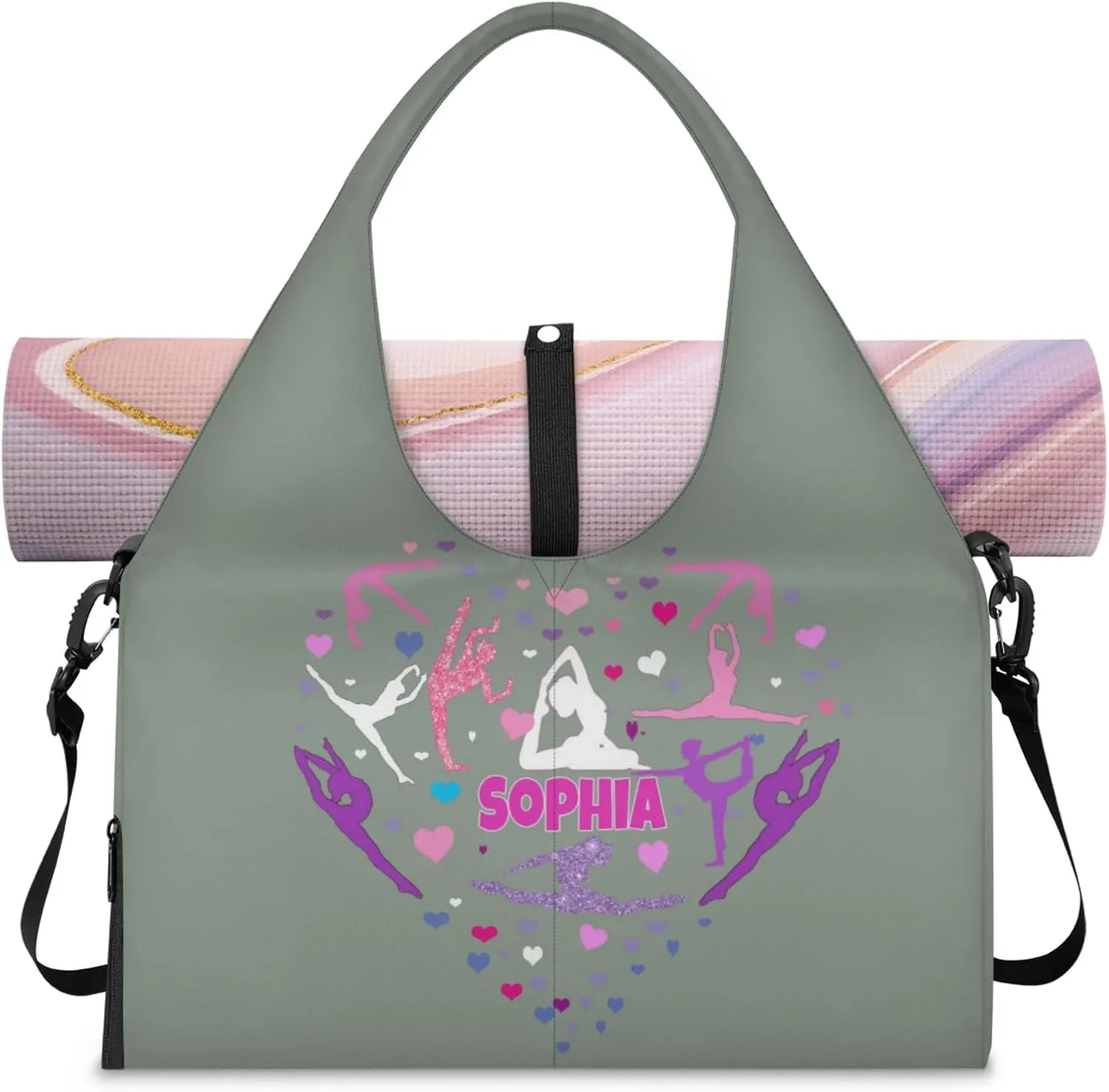 Personalized Yoga Mat Bag with Name Shoe Compartment, Love Heart Yoga Silhouette Travel Tote Sport Gym Duffel Bag