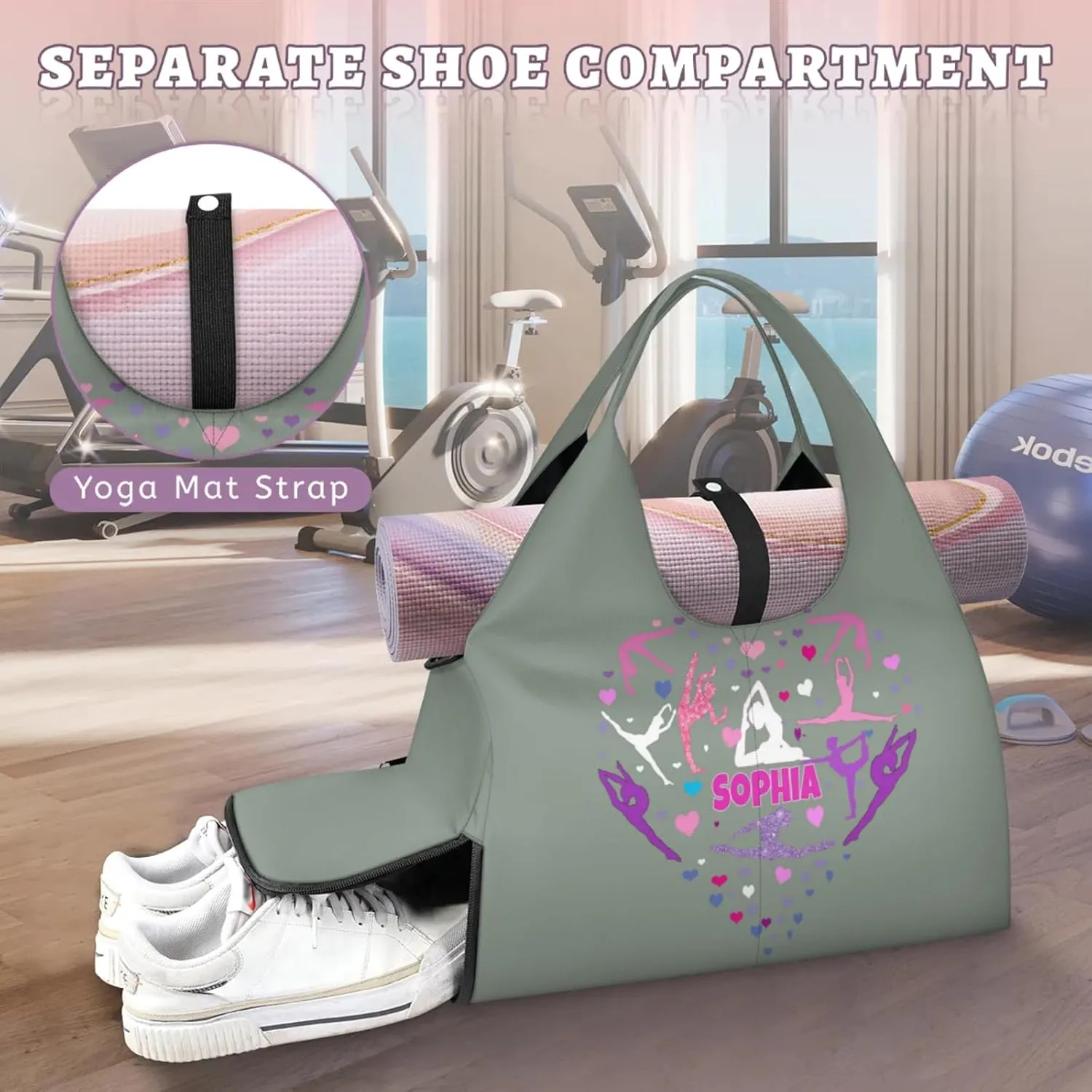 Personalized Yoga Mat Bag with Name Shoe Compartment, Love Heart Yoga Silhouette Travel Tote Sport Gym Duffel Bag