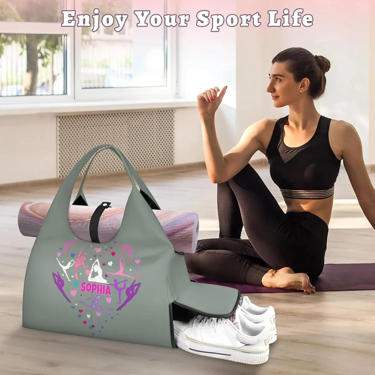 Personalized Yoga Mat Bag with Name Shoe Compartment, Love Heart Yoga Silhouette Travel Tote Sport Gym Duffel Bag