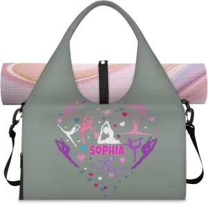 Personalized Yoga Mat Bag with Name Shoe Compartment, Love Heart Yoga Silhouette Travel Tote Sport Gym Duffel Bag