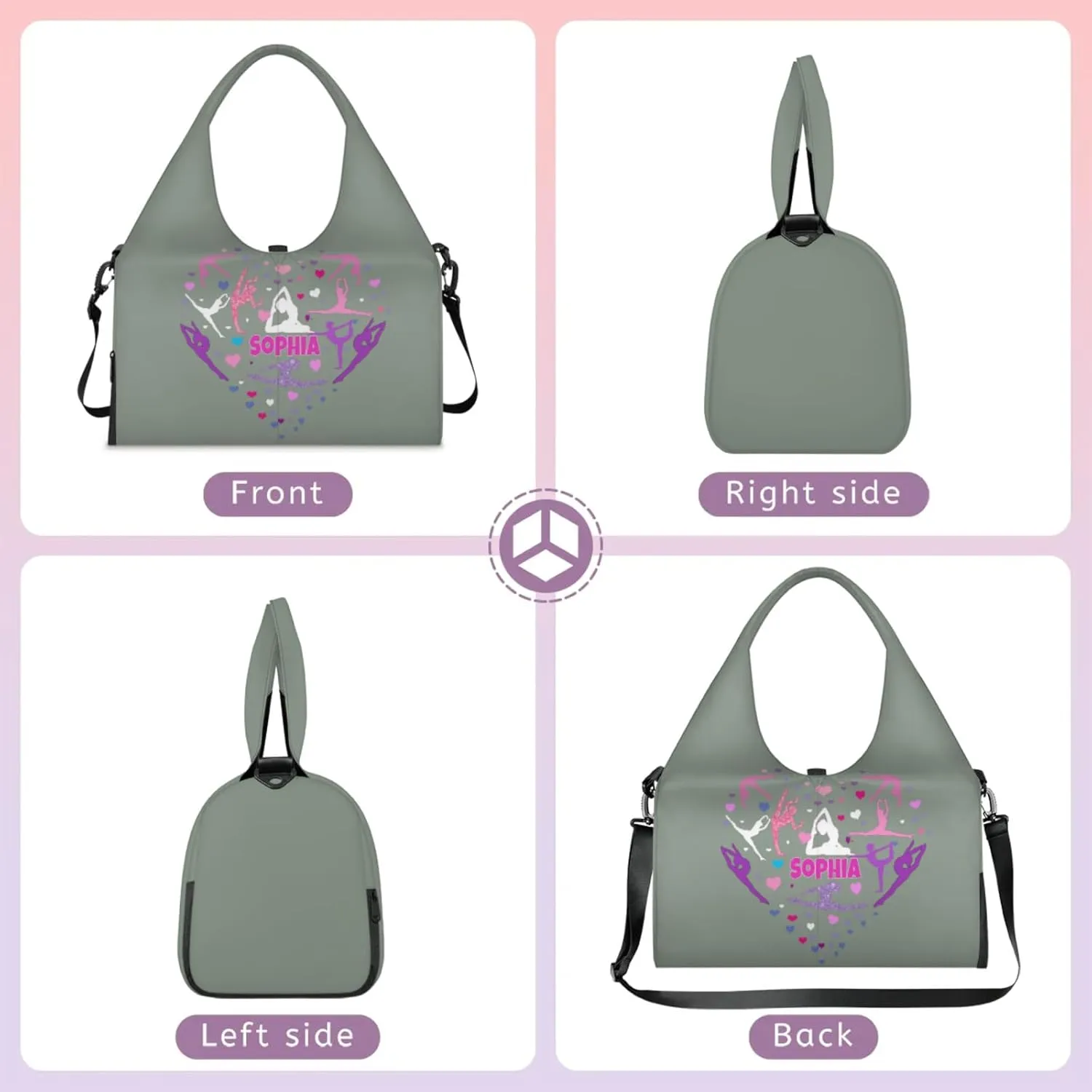 Personalized Yoga Mat Bag with Name Shoe Compartment, Love Heart Yoga Silhouette Travel Tote Sport Gym Duffel Bag