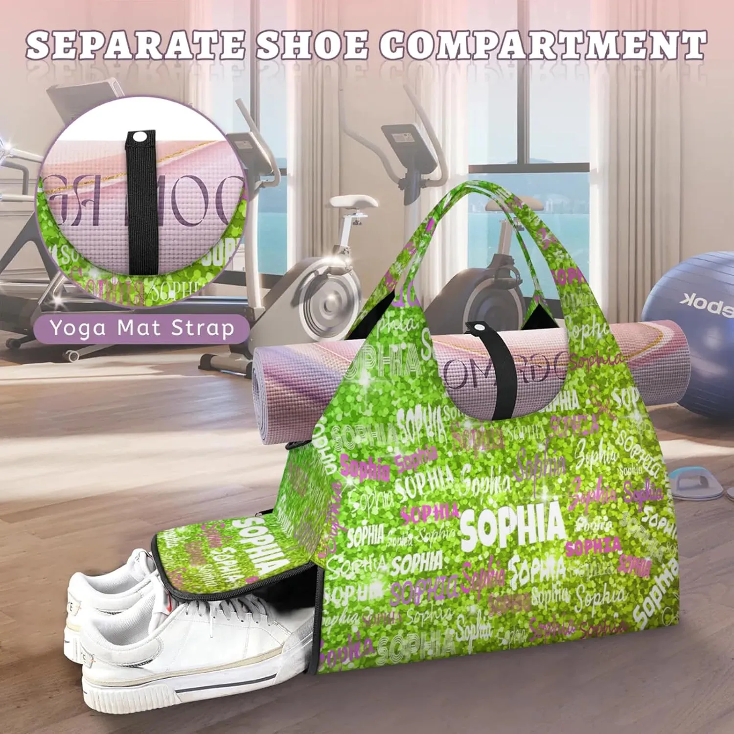 Personalized Yoga Mat Bag with Shoe Compartment, Custom Names Travel Tote Sport Gym Pilates Duffel Bag for Women