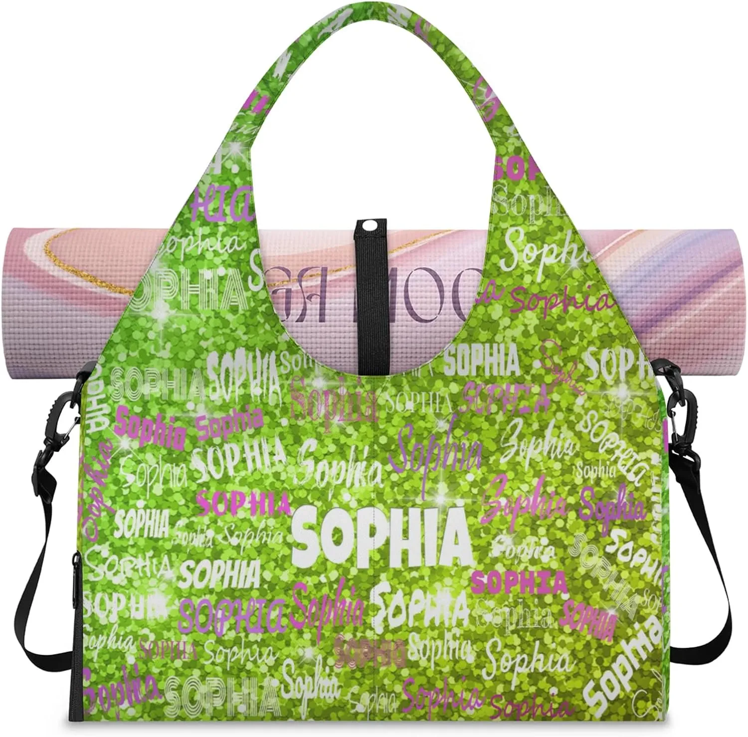 Personalized Yoga Mat Bag with Shoe Compartment, Custom Names Travel Tote Sport Gym Pilates Duffel Bag for Women