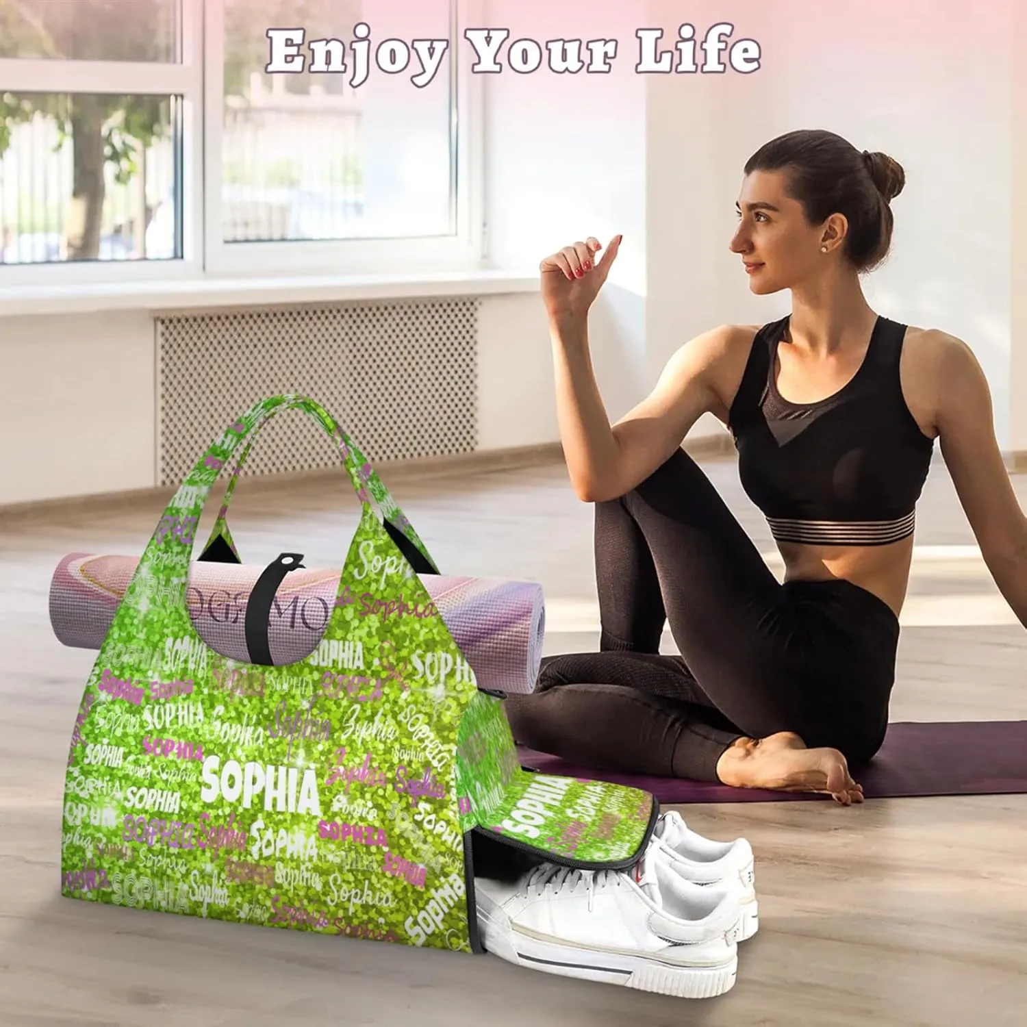 Personalized Yoga Mat Bag with Shoe Compartment, Custom Names Travel Tote Sport Gym Pilates Duffel Bag for Women