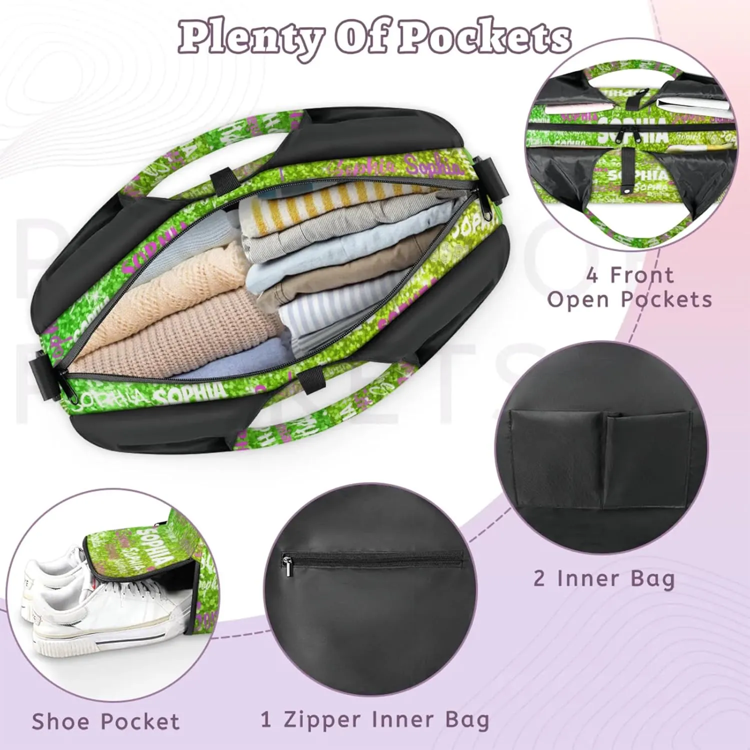 Personalized Yoga Mat Bag with Shoe Compartment, Custom Names Travel Tote Sport Gym Pilates Duffel Bag for Women