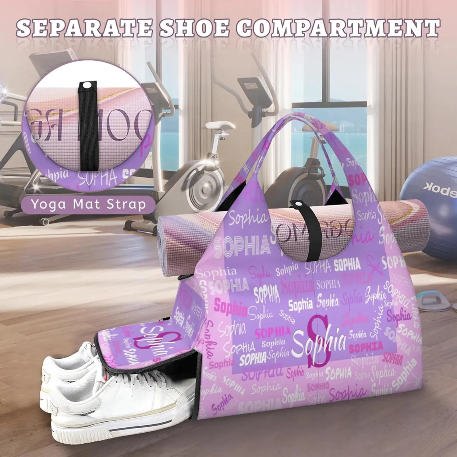 Personalized Yoga Mat Bag with Shoe Compartment, Initial Letter Name Travel Weekender Tote Sport Gym Duffel Bag