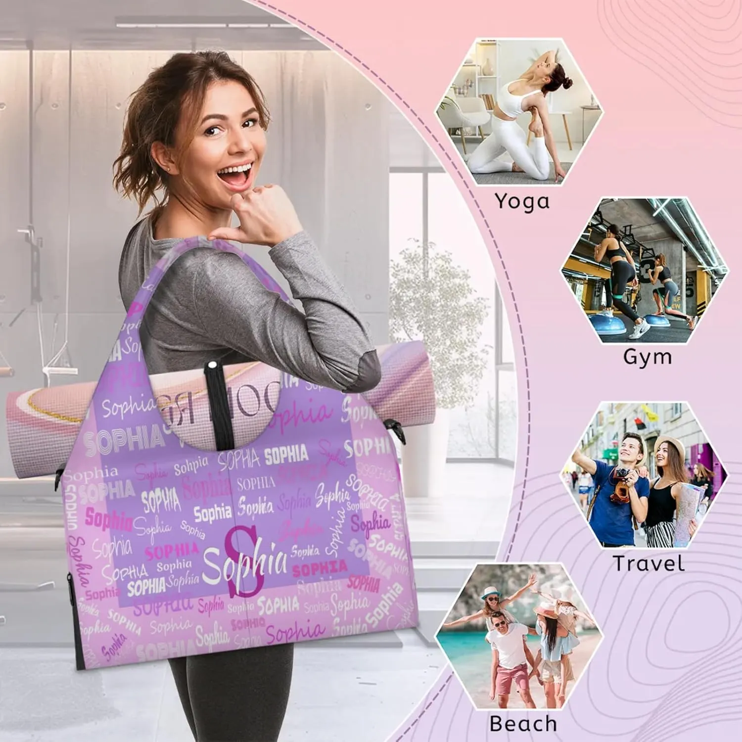 Personalized Yoga Mat Bag with Shoe Compartment, Initial Letter Name Travel Weekender Tote Sport Gym Duffel Bag