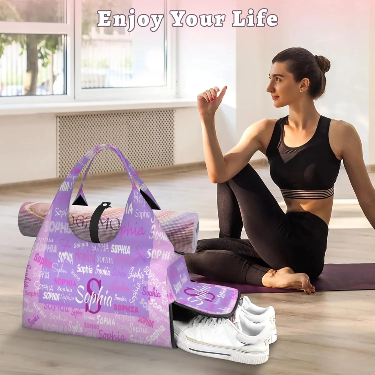 Personalized Yoga Mat Bag with Shoe Compartment, Initial Letter Name Travel Weekender Tote Sport Gym Duffel Bag