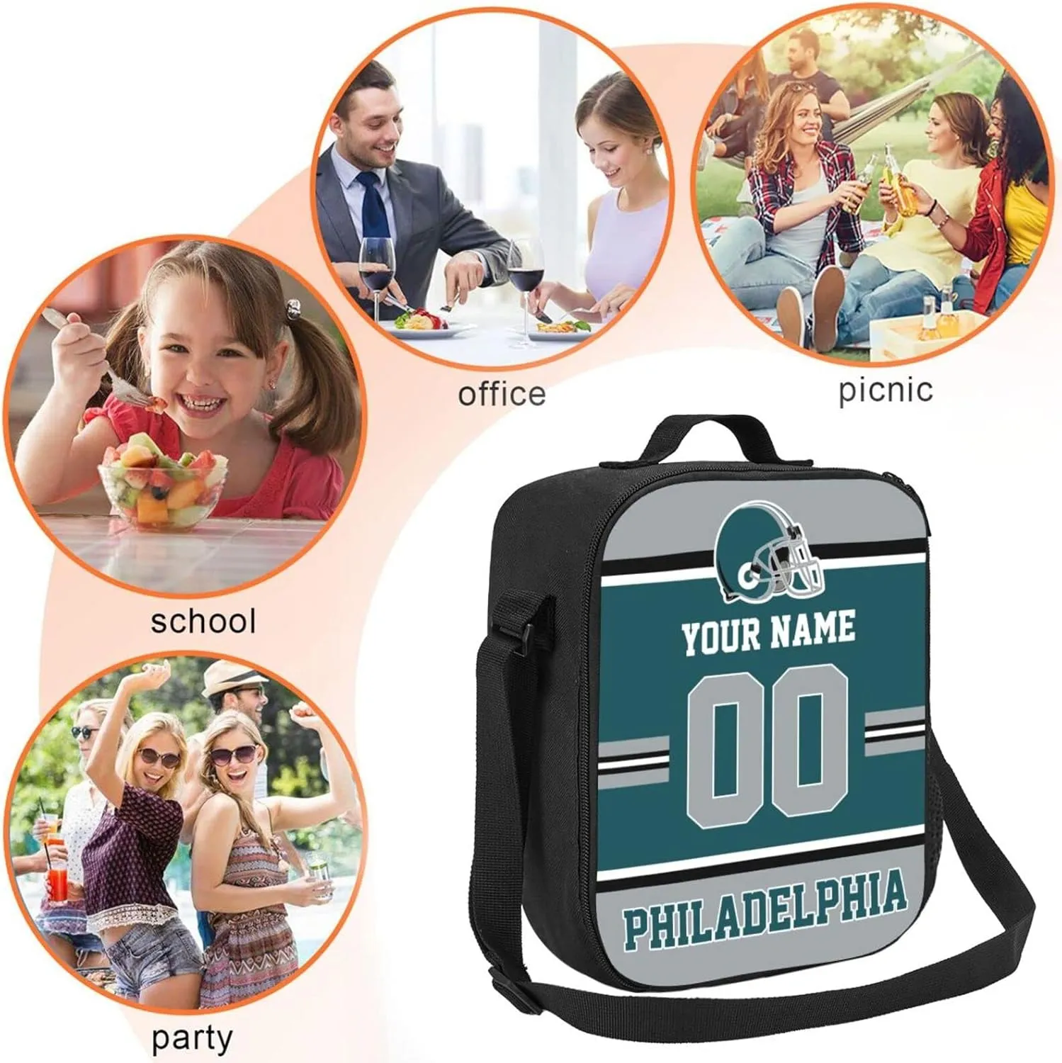 Philadelphia Lunch Box Lunch Bag Custom Any Name and Number Adjustable Strap Sport Insulated Lunch Bags Personalized Gifts for Men Women