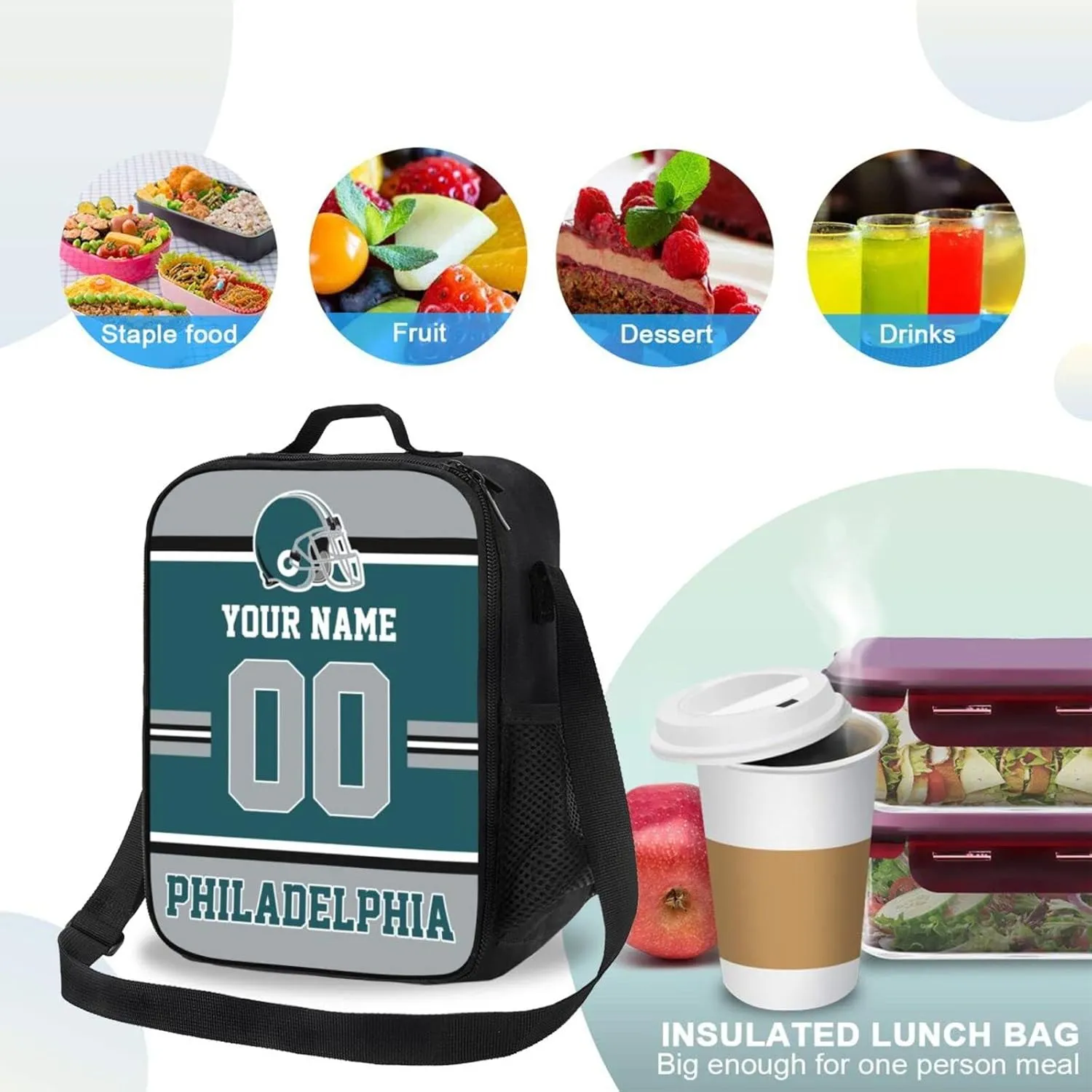Philadelphia Lunch Box Lunch Bag Custom Any Name and Number Adjustable Strap Sport Insulated Lunch Bags Personalized Gifts for Men Women