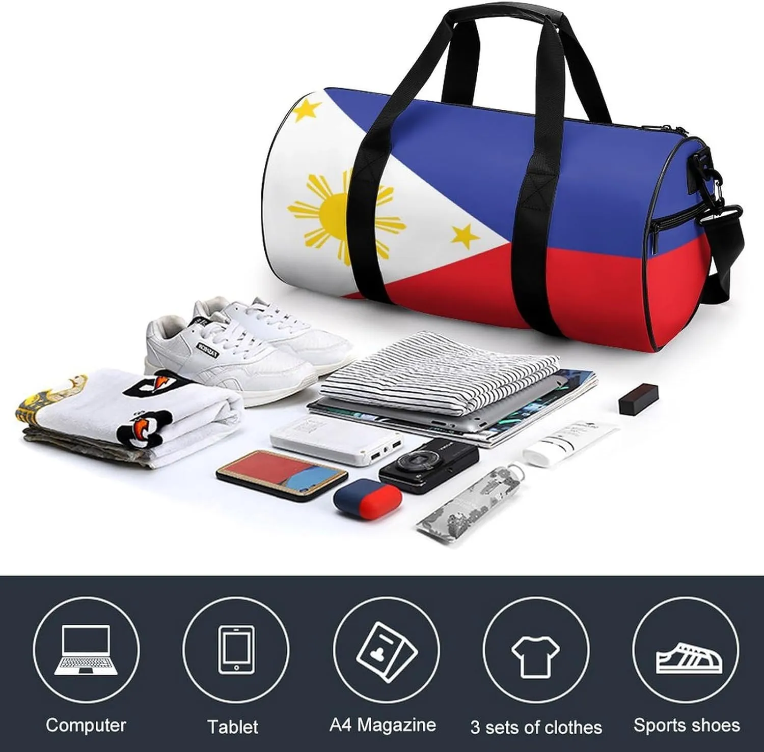 Philippines Flag Large Gym Duffel Bag Dry Wet Separation for Men Women Travel Workout