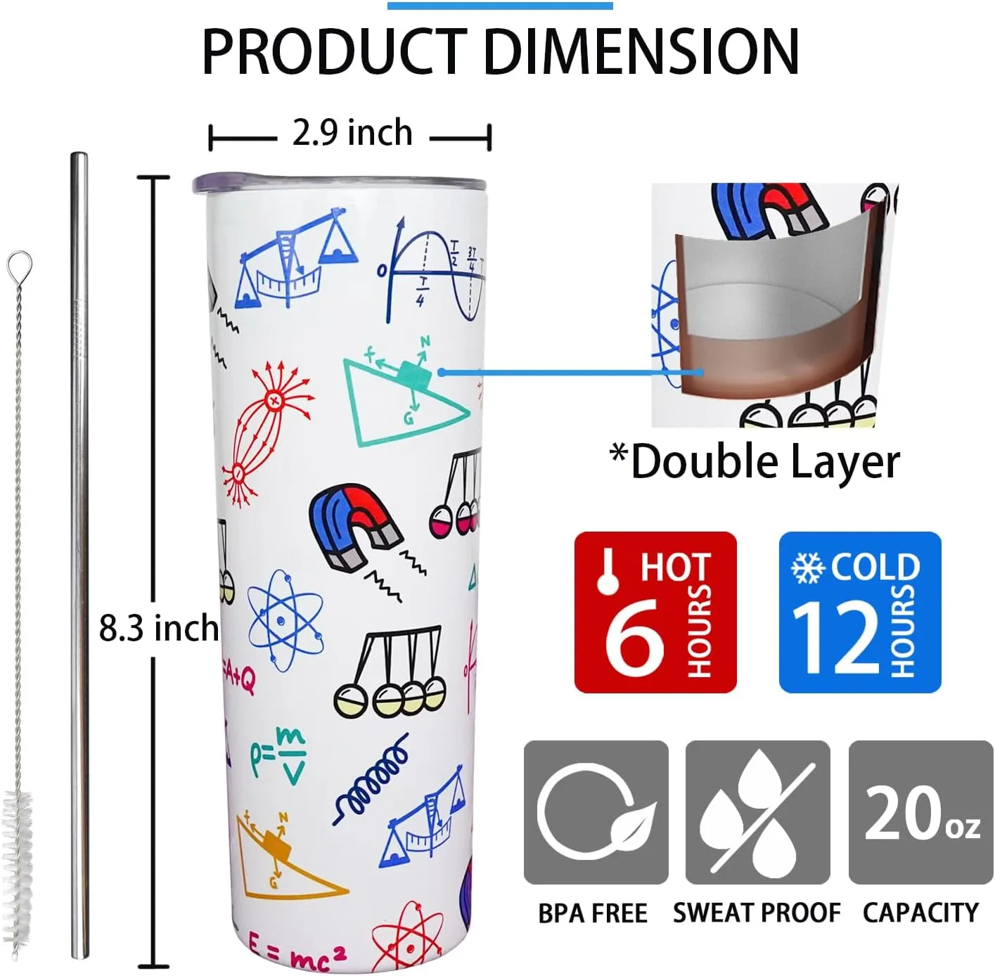 Physics Teacher Mug and Tumbler Cup - 20 Oz Stainless Steel Insulated Water Bottle With Lid and Straw